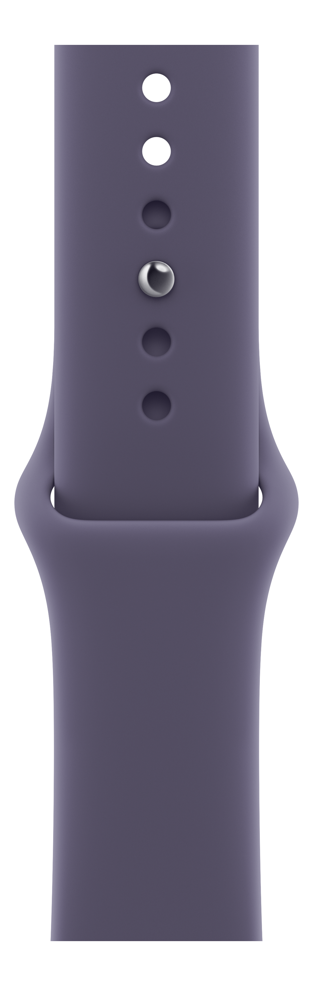 Gros plan d'un bracelet de montre violet. Il comporte plusieurs trous et un fermoir argenté.