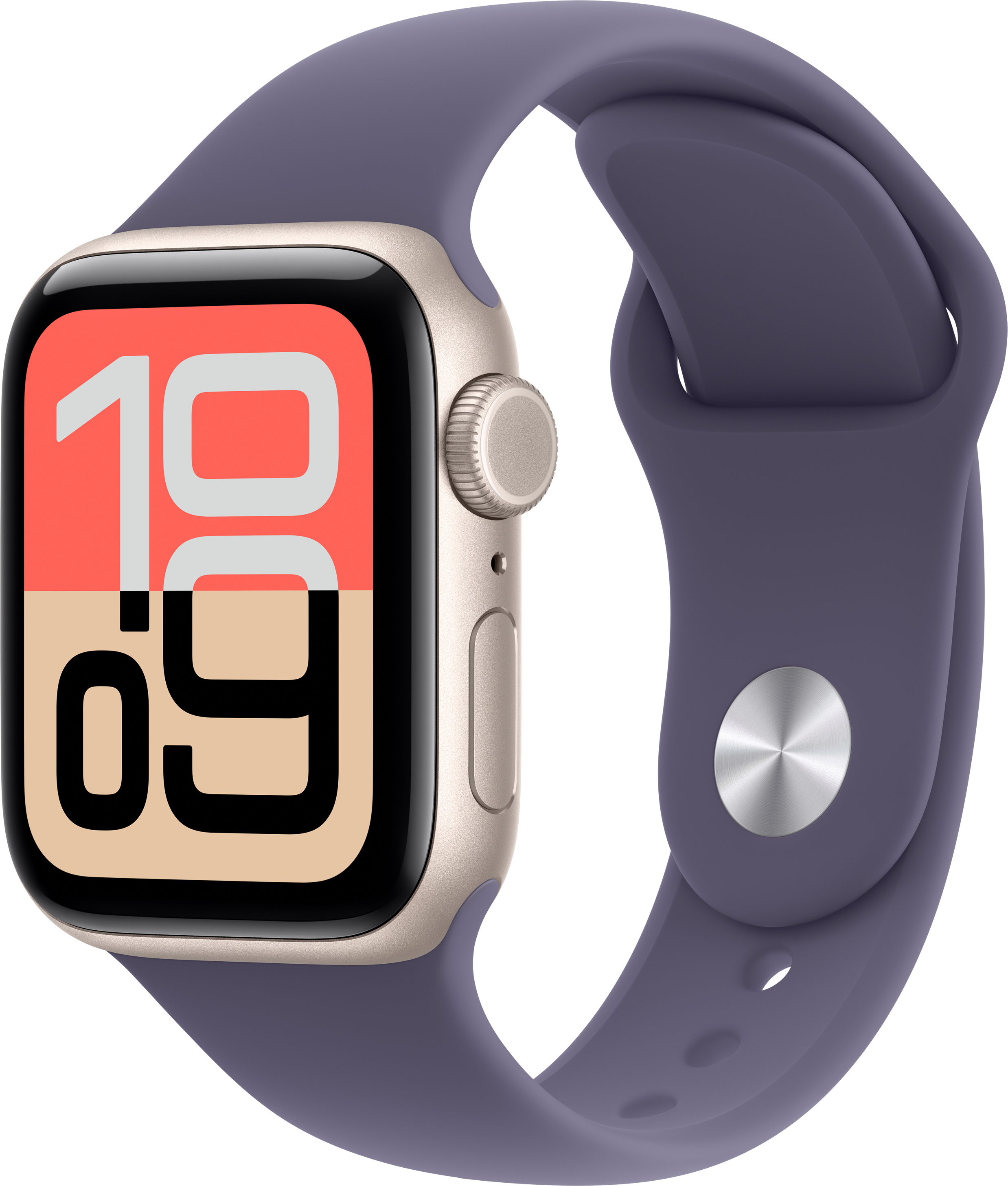 Une Apple Watch avec un bracelet violet. Le cadran affiche l'heure, 10:09. La montre a un boîtier doré.