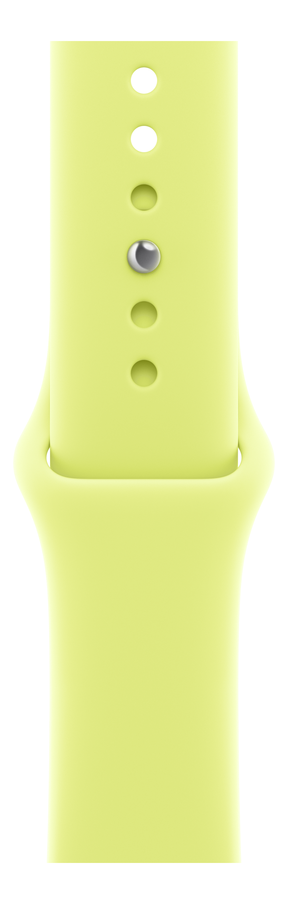 Gros plan d'un bracelet Apple Watch vert clair. Il comporte des trous et une goupille métallique. Fond noir.
