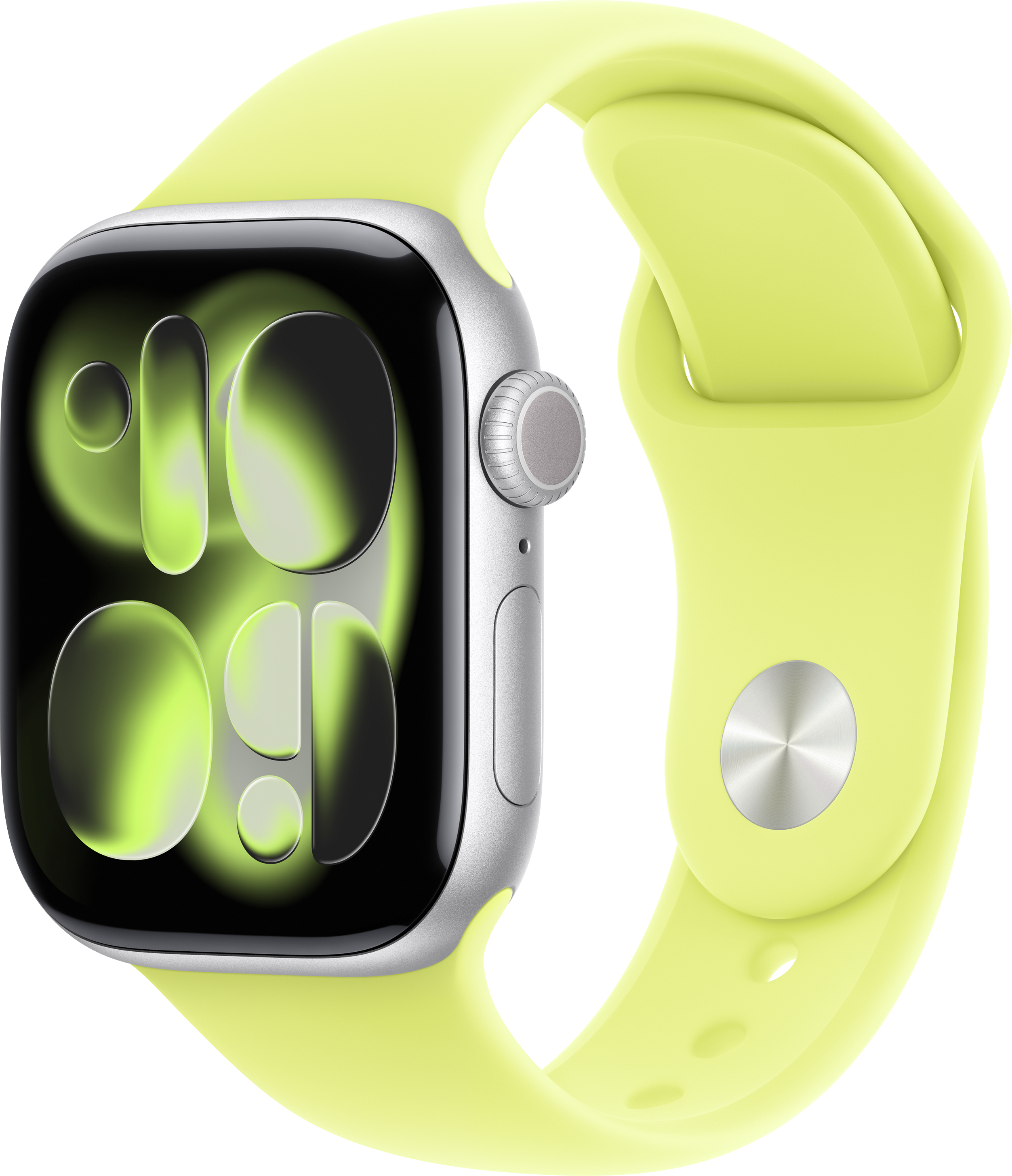 Une Apple Watch argentée avec un bracelet jaune néon. Le cadran affiche l'heure. Fond noir.