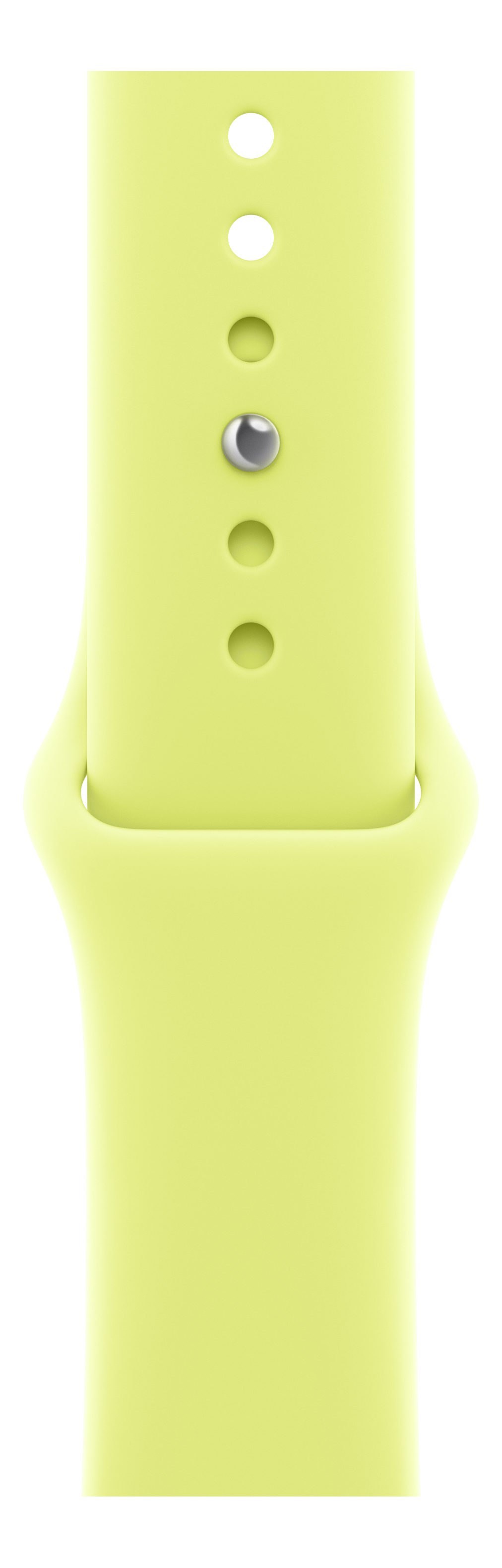 Un bracelet de montre vert clair avec plusieurs trous et une boucle argentée. Le fond est noir.