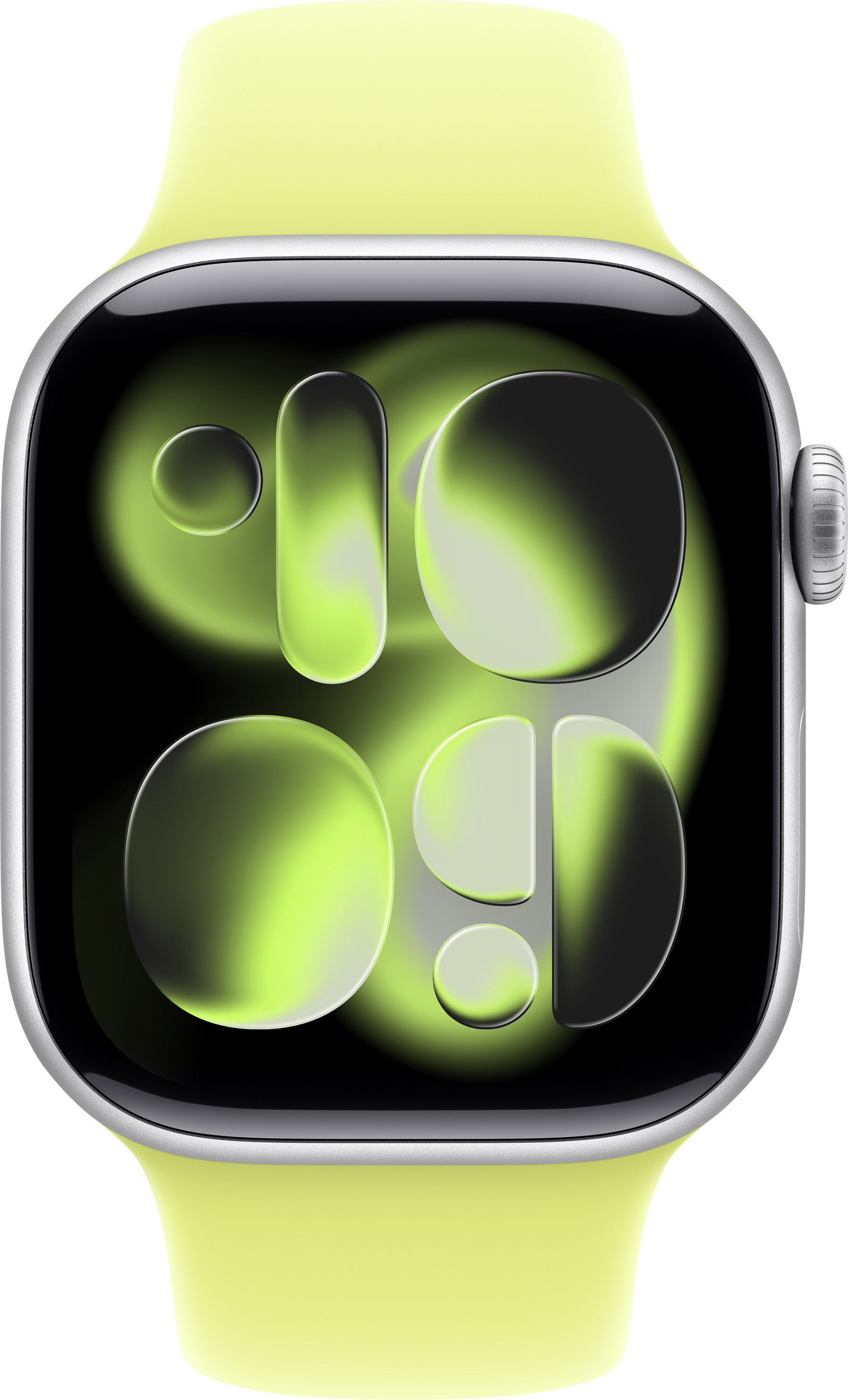 Apple Watch avec bracelet jaune clair. Le cadran affiche des formes dégradées vertes et noires, dont des cercles et des rectangles.