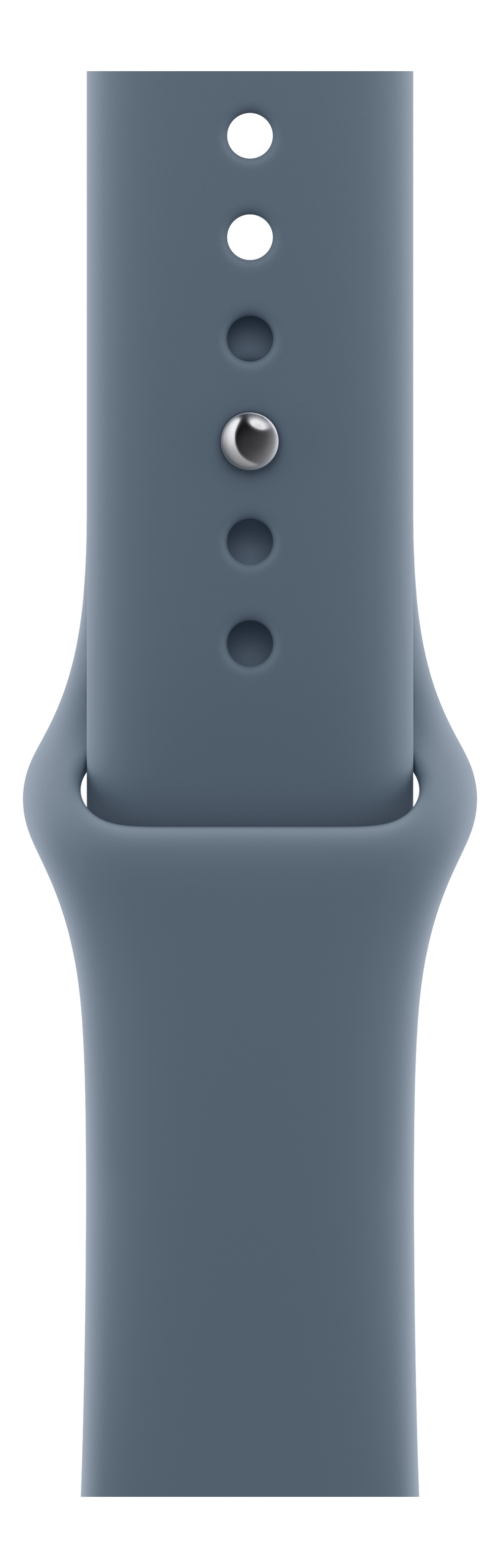 Ein blau-graues Uhrenarmband mit Löchern und einer silbernen Schnalle. Der Hintergrund ist schwarz.