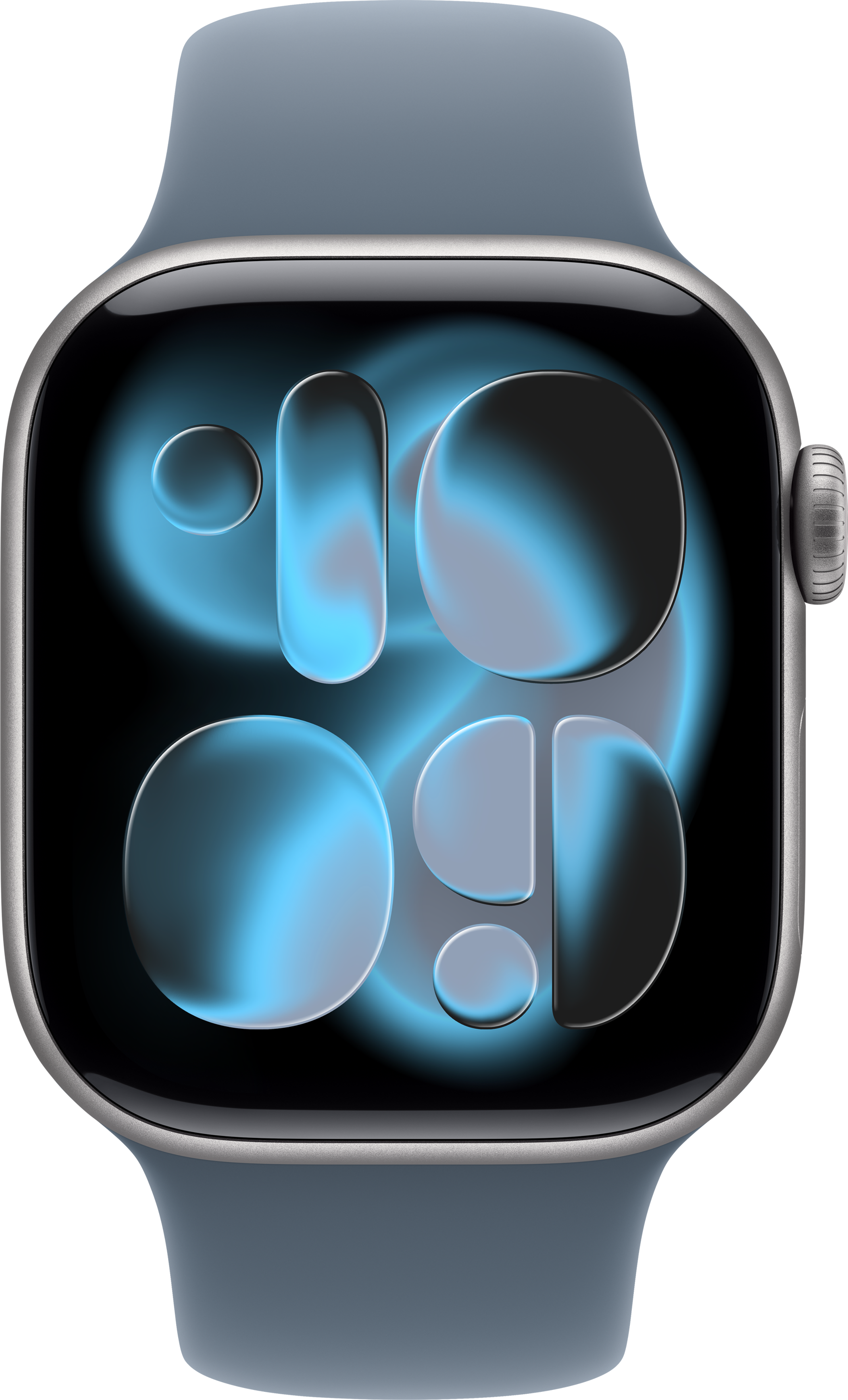 Silberne Apple Watch mit blauem Armband. Das Zifferblatt hat ein blaues und schwarzes Design mit abstrakten Formen.