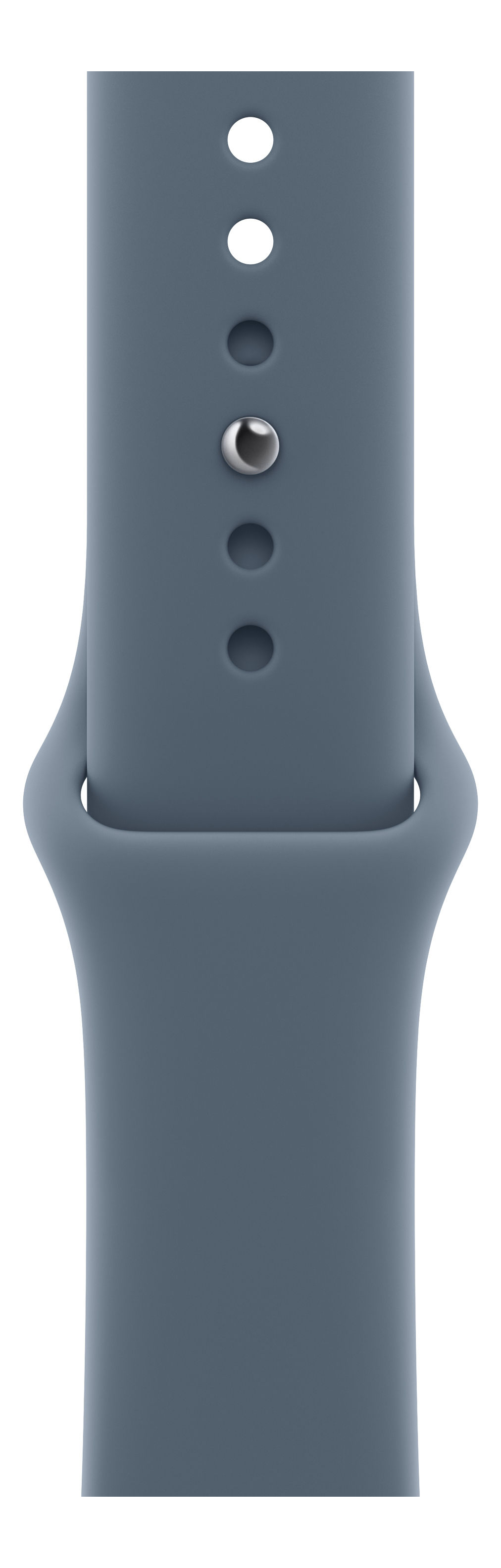 Nahaufnahme eines blau-grauen Uhrenarmbands mit Löchern zur Anpassung und einem Metallstift.