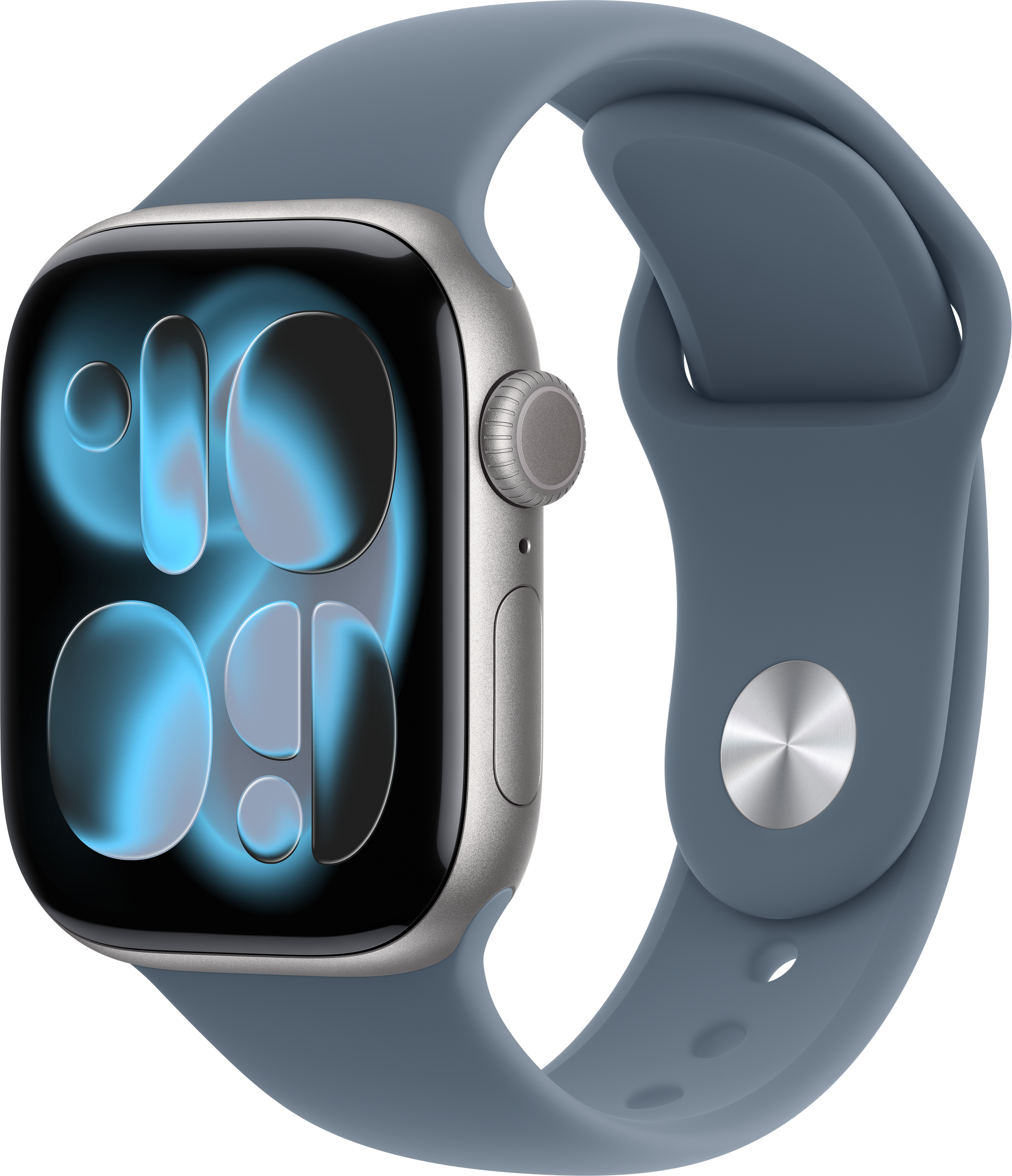 Eine silberne Smartwatch mit blauem Armband. Das Zifferblatt zeigt ein blaues Design. Der Hintergrund ist schwarz.
