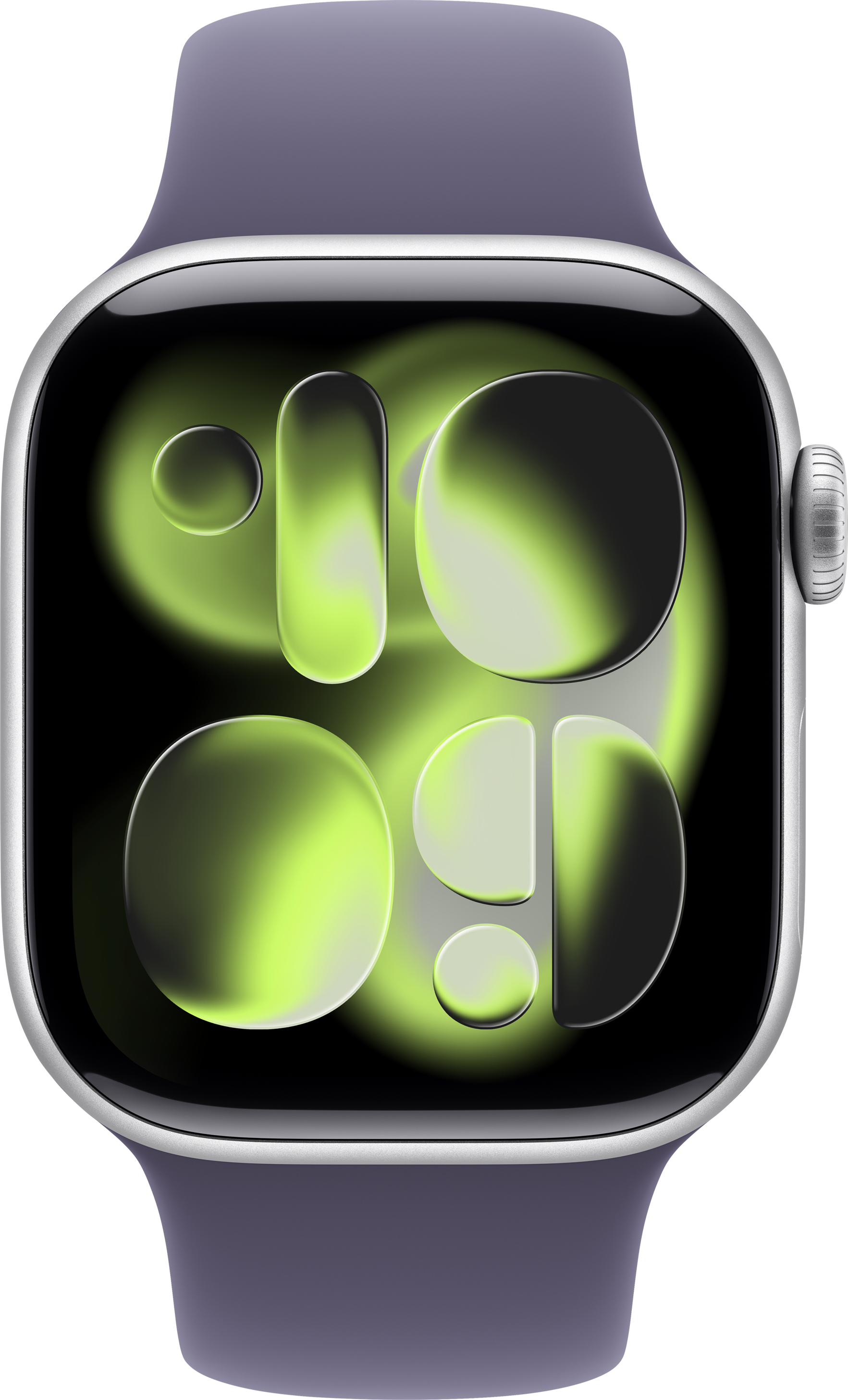 Eine Apple Watch mit lila Armband und einem Bildschirm, der grüne und schwarze Formen anzeigt. Die Uhr hat eine silberne Lünette und Krone.