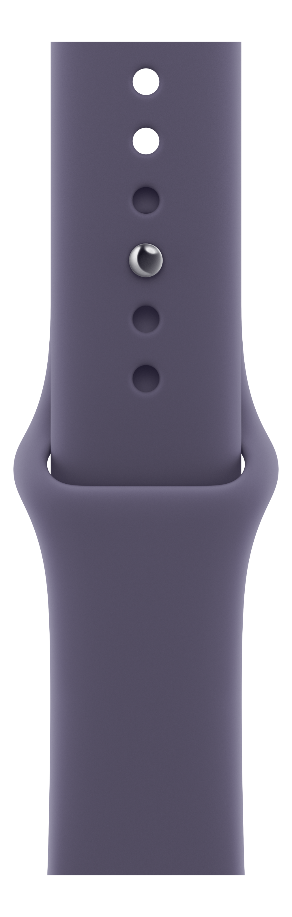 Gros plan d'un bracelet de montre violet avec des trous et un fermoir argenté. Fond noir.