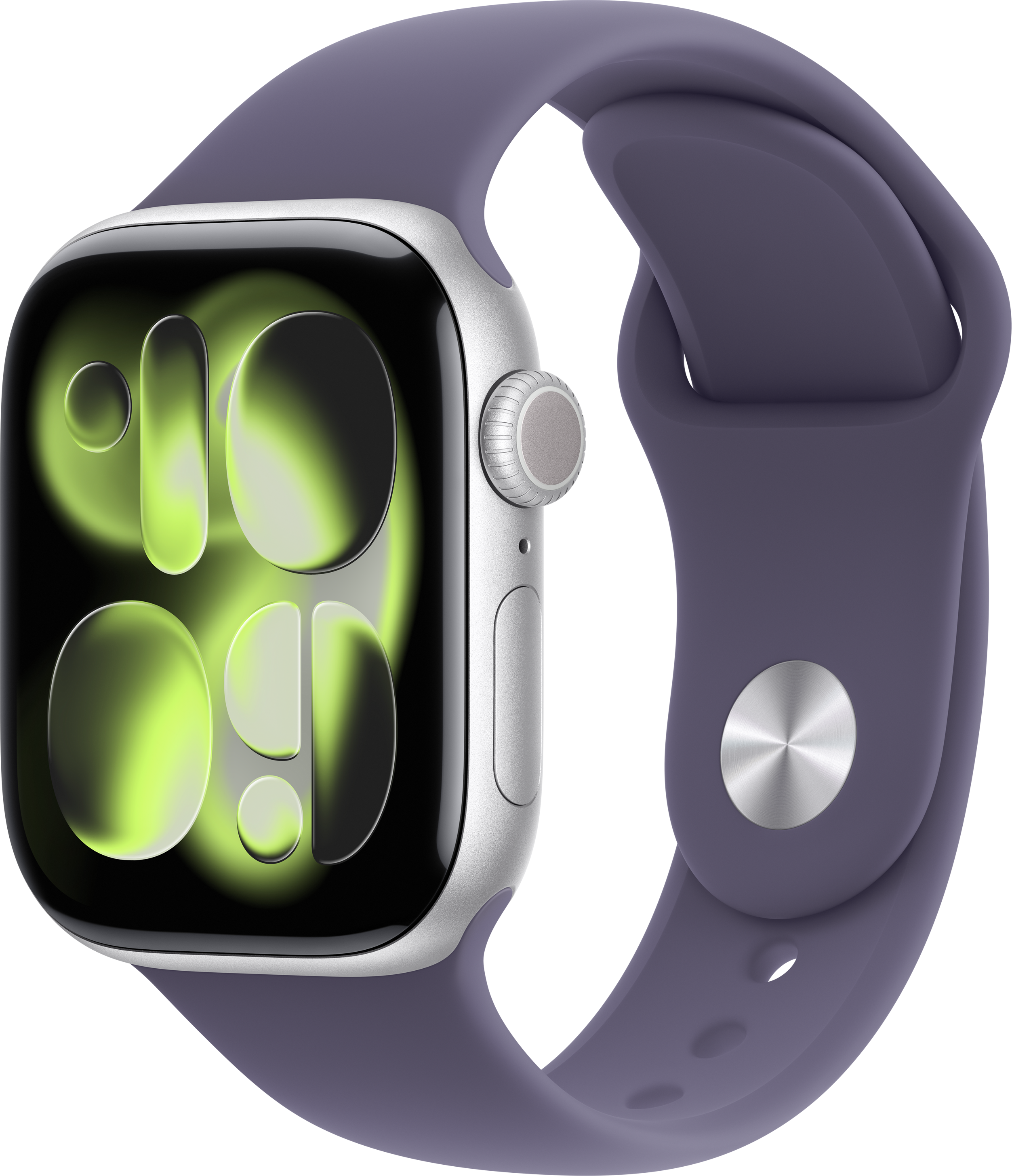 Une Apple Watch argentée avec un bracelet violet. Le cadran affiche une heure verte. Le fond est noir.