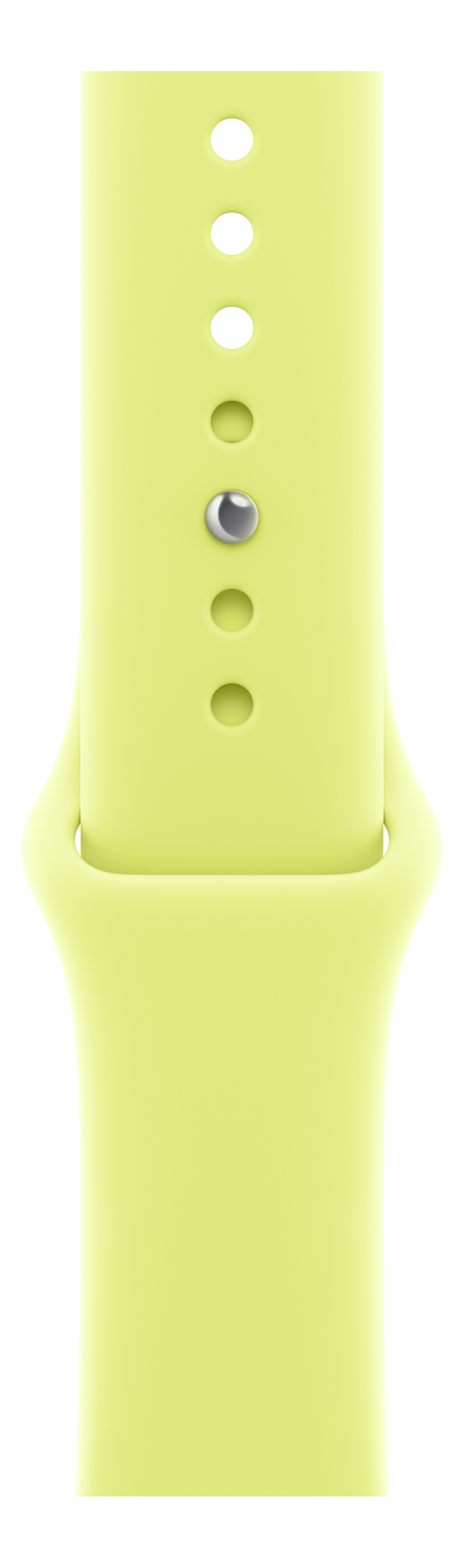 Un bracelet de montre vert clair avec des trous et une goupille argentée. C'est sur fond noir.