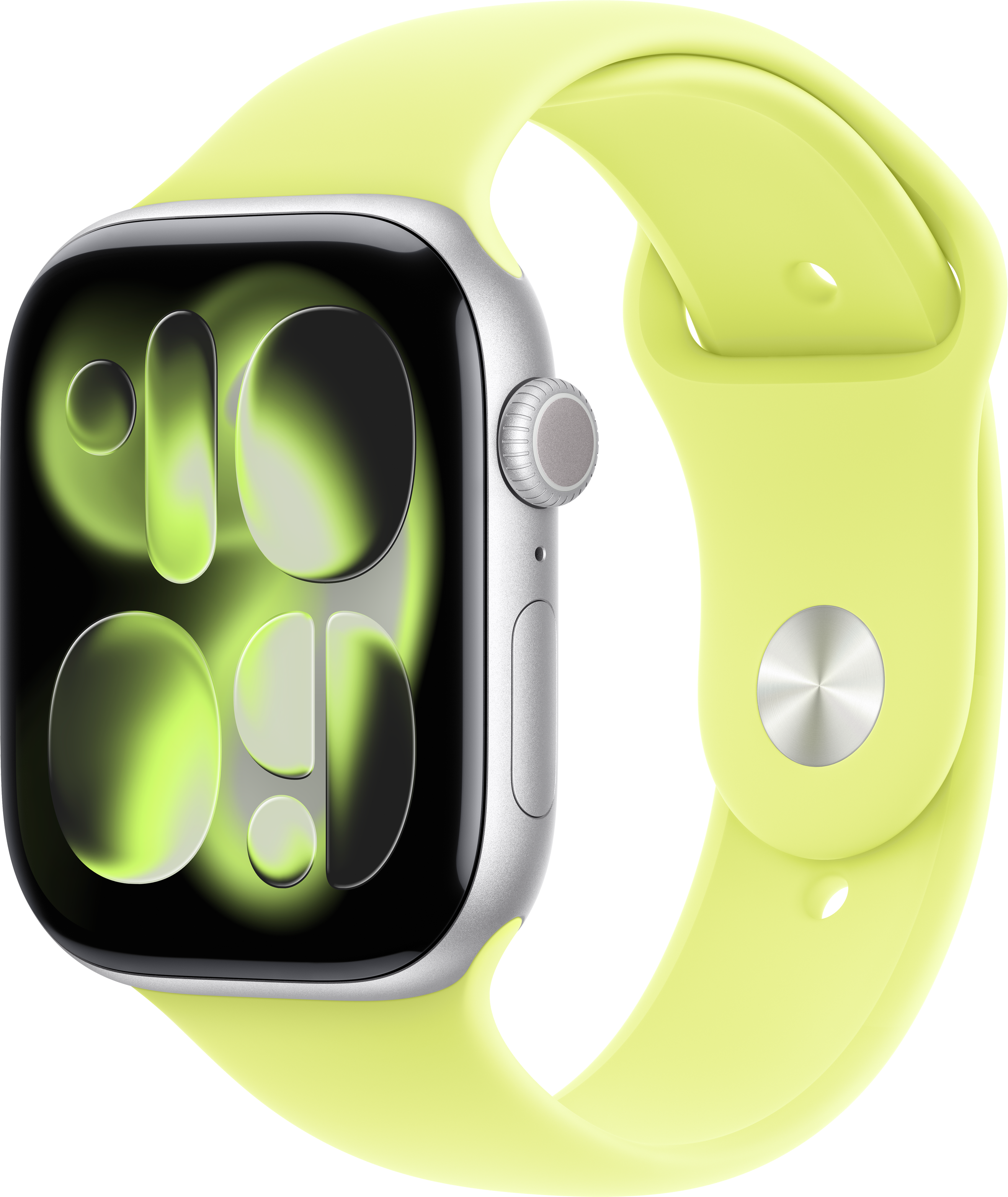 Apple Watch avec bracelet vert lime. L'écran affiche l'heure. La montre a un boîtier argenté.