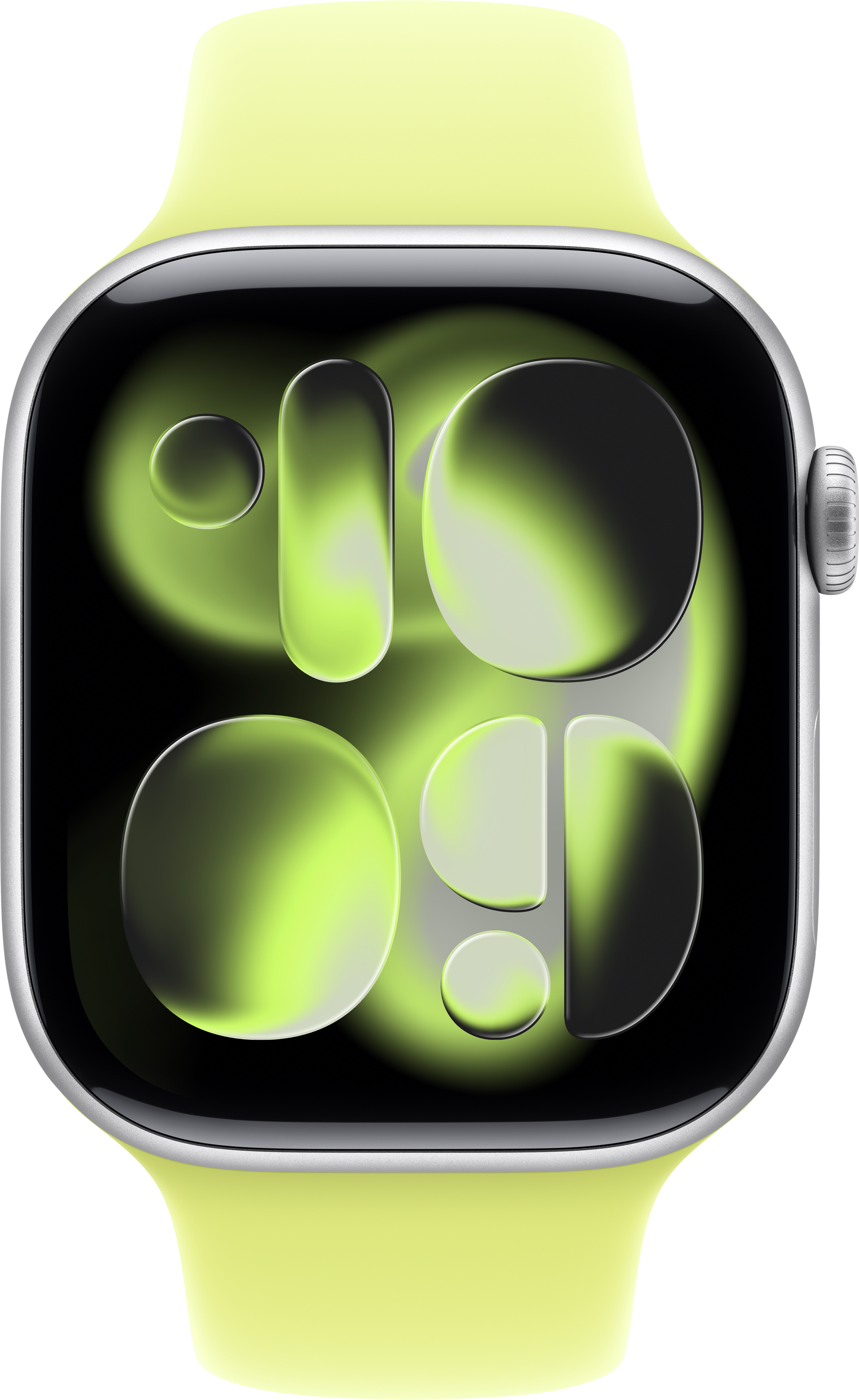 Une Apple Watch avec un bracelet jaune clair. Le cadran affiche un design vert et noir avec des formes circulaires et rectangulaires.