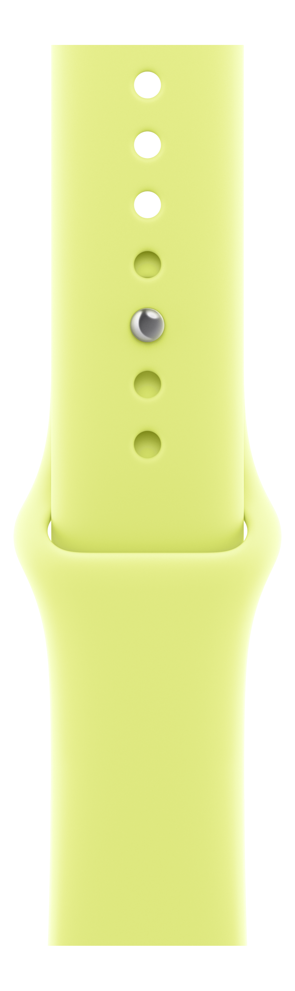 Un bracelet de montre vert citron avec des trous pour le réglage. Une goupille argentée est visible.