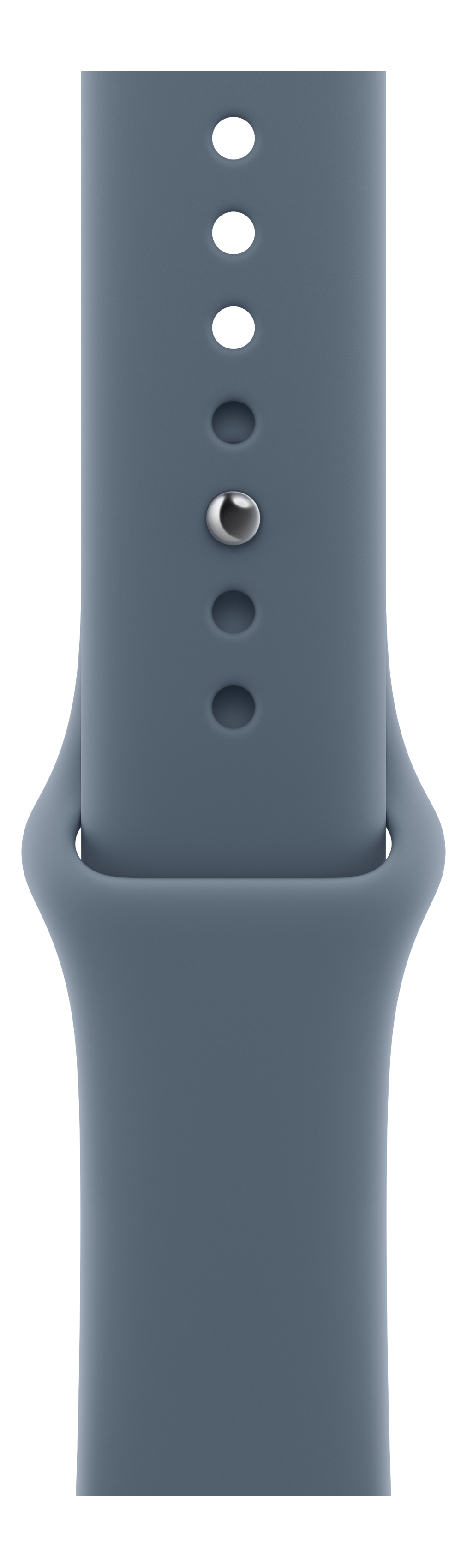 Gros plan d'un bracelet de montre bleu-gris avec des trous et un fermoir métallique. Fond noir.