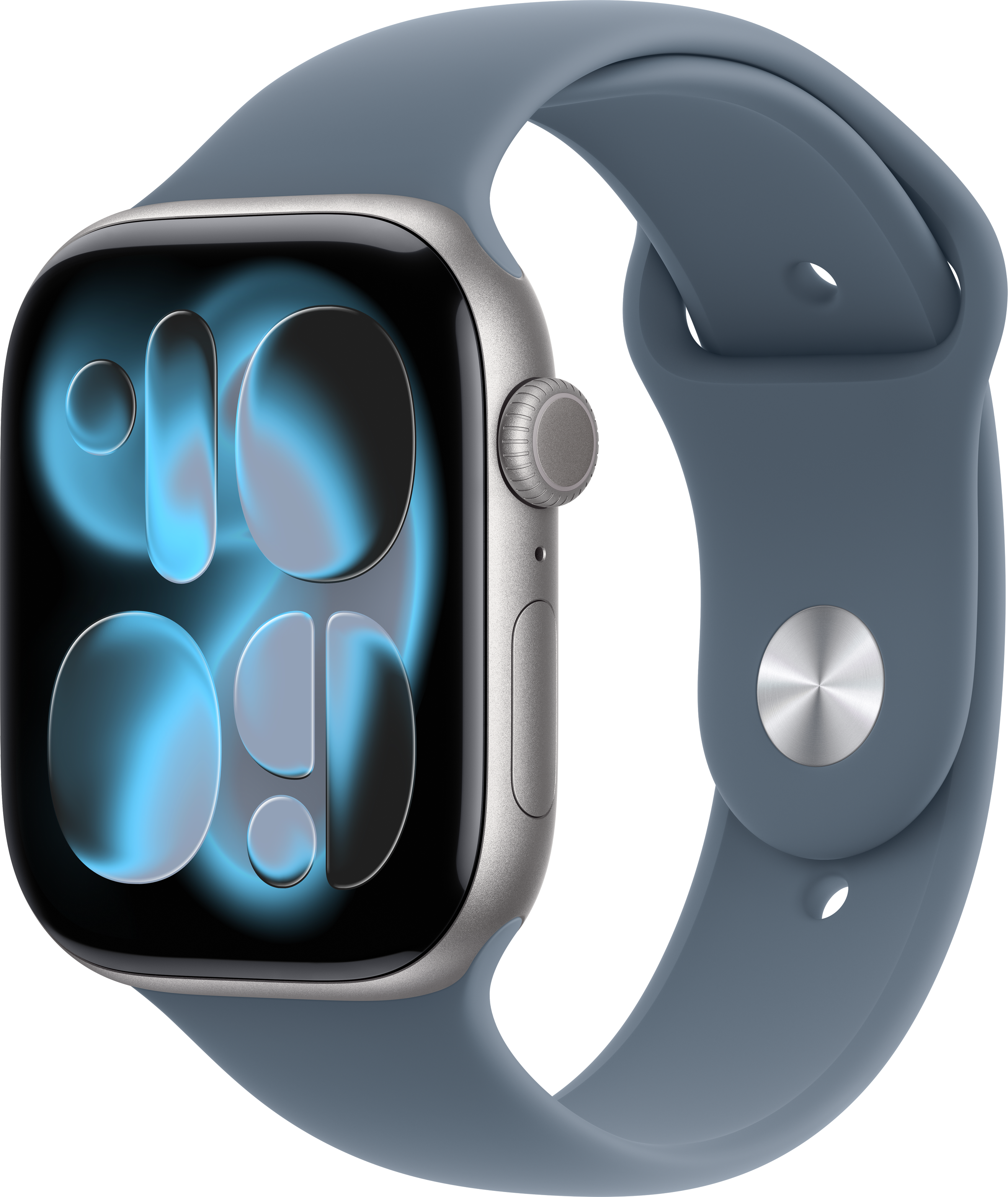 Une Apple Watch argentée avec un bracelet bleu. Le cadran affiche un dégradé bleu. Le fond est noir.