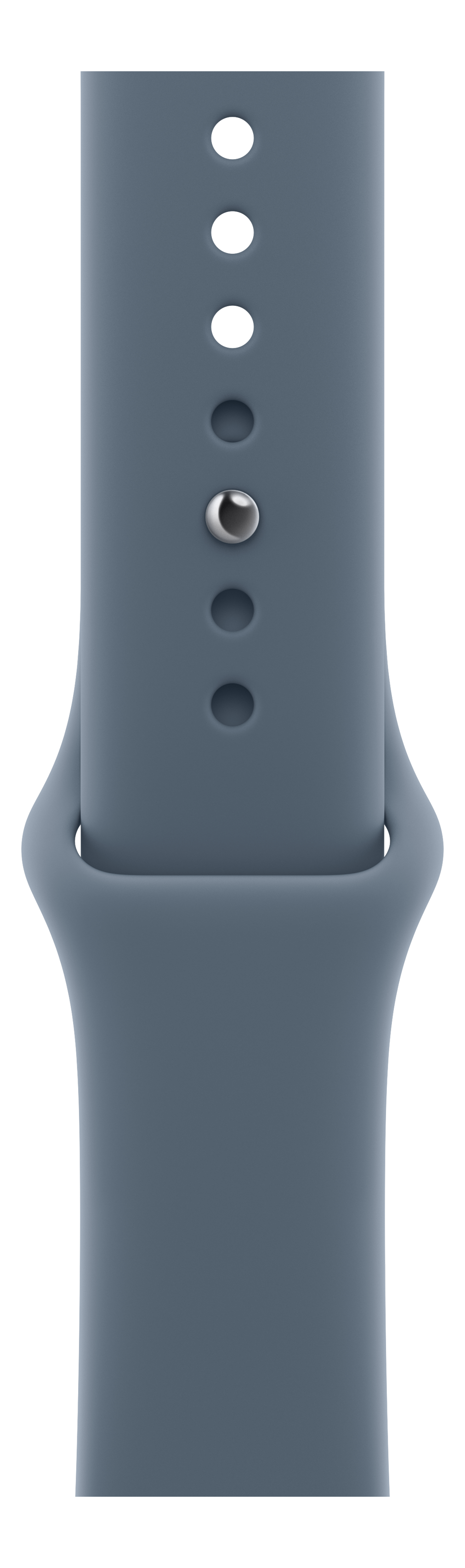 Nahaufnahme eines blau-grauen Uhrenarmbands. Es hat Löcher zur Einstellung und einen Silberstift.