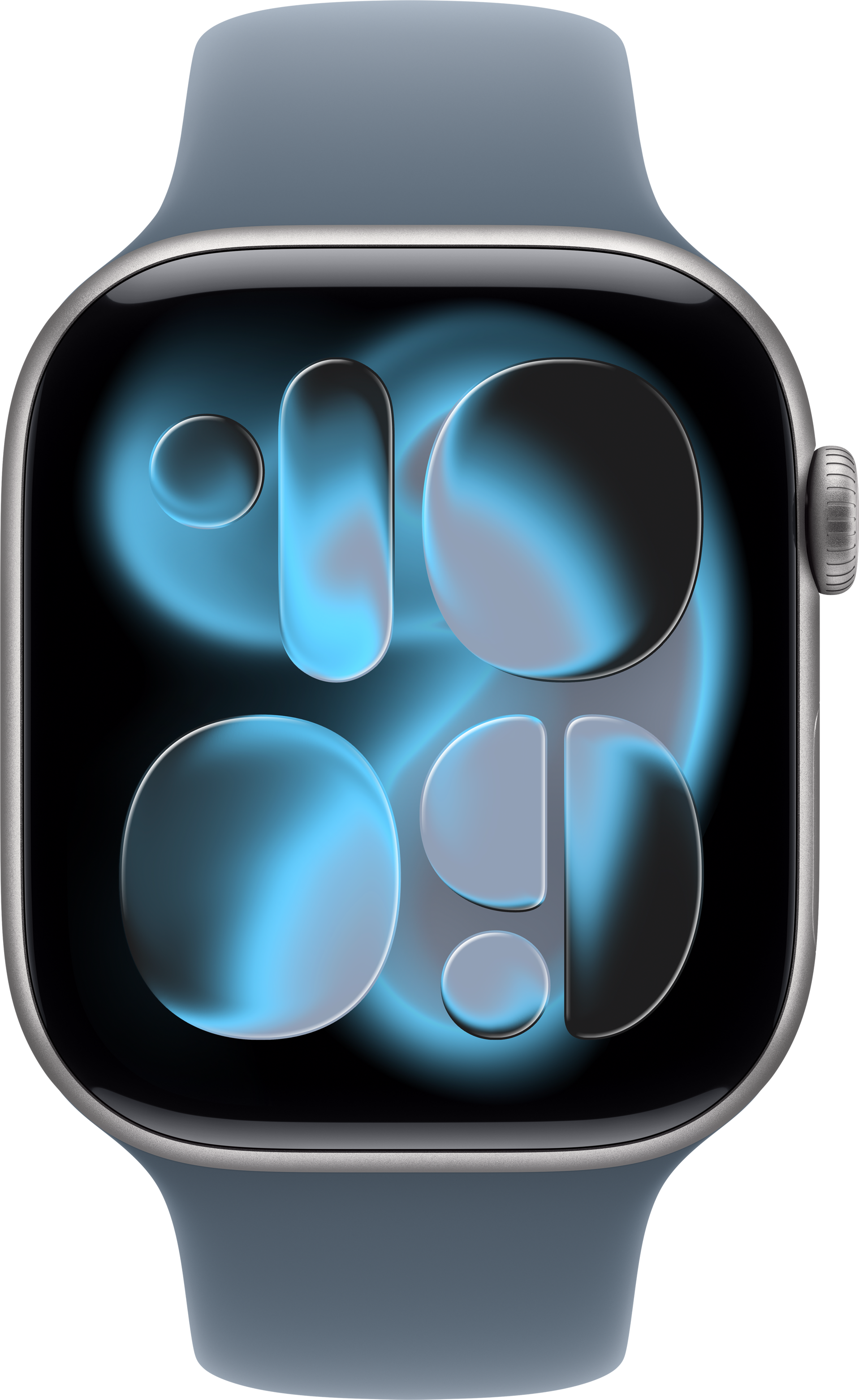 Nahaufnahme einer Smartwatch mit blauem Armband und digitalem Zifferblatt mit Formen mit blauem und schwarzem Farbverlauf.