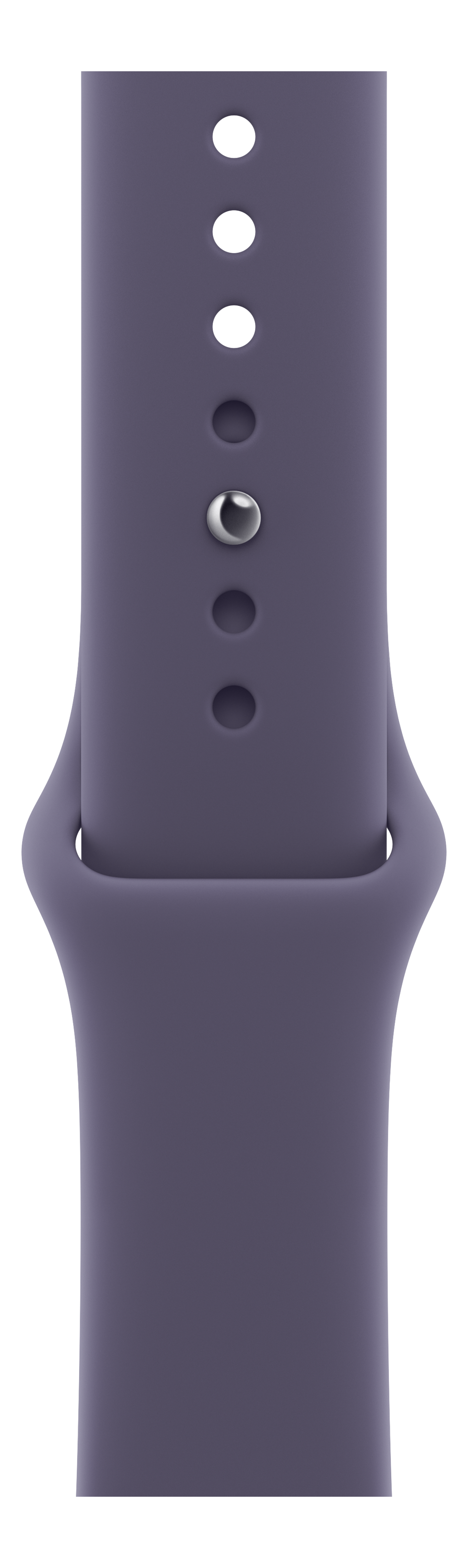 Un bracelet de montre violet avec des trous et une boucle argentée est présenté sur fond noir.