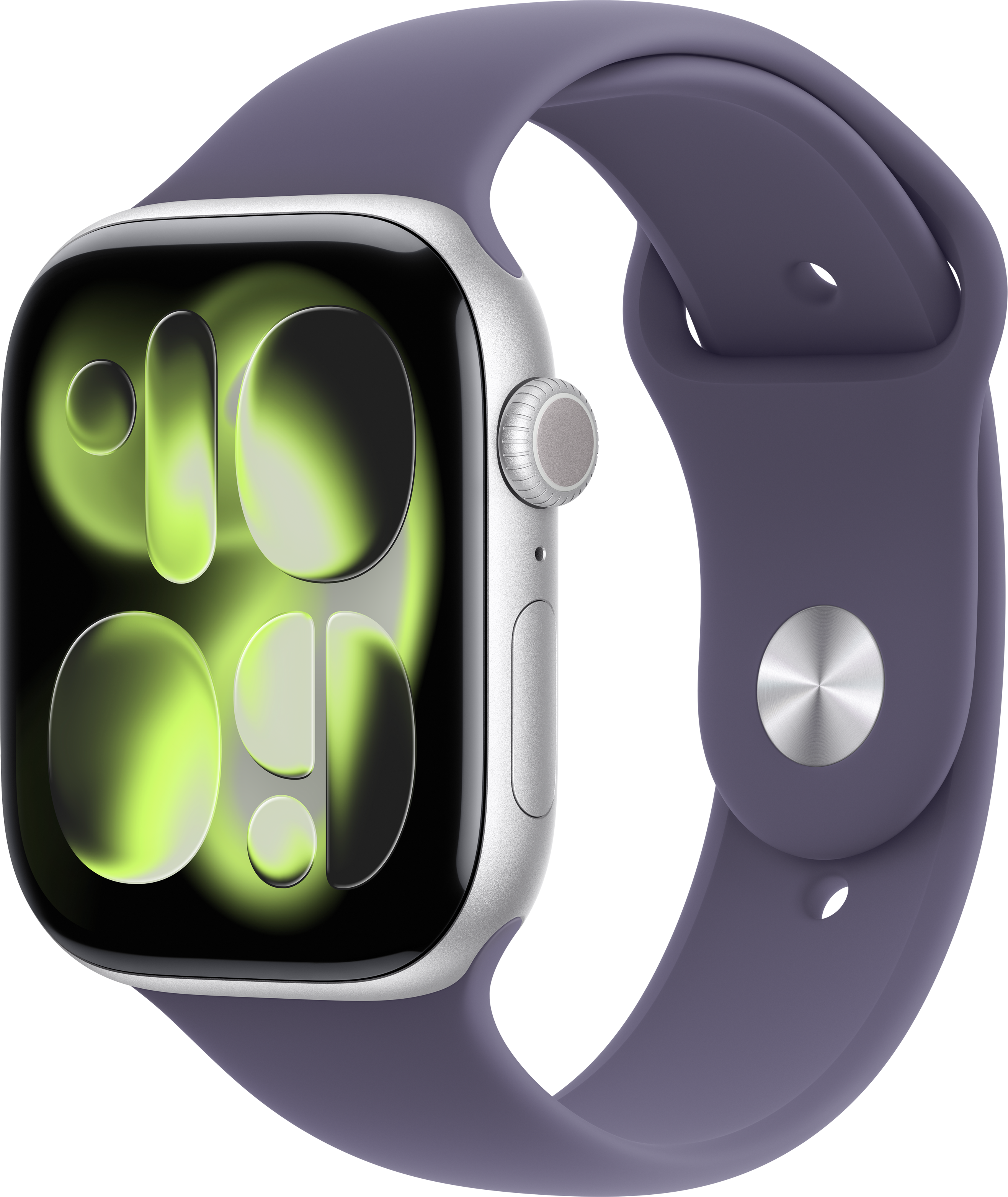 Une Apple Watch argentée avec un bracelet violet. Le cadran affiche l'heure avec des couleurs vertes et noires.