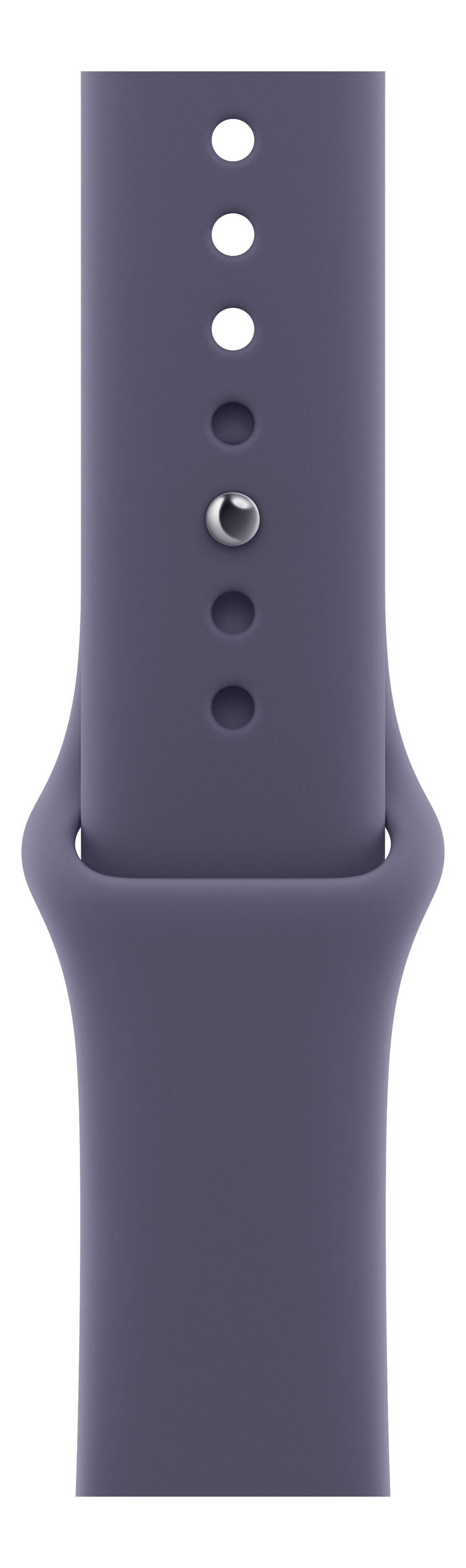 Gros plan d'un bracelet de montre violet avec plusieurs trous et un fermoir en métal. Fond noir.