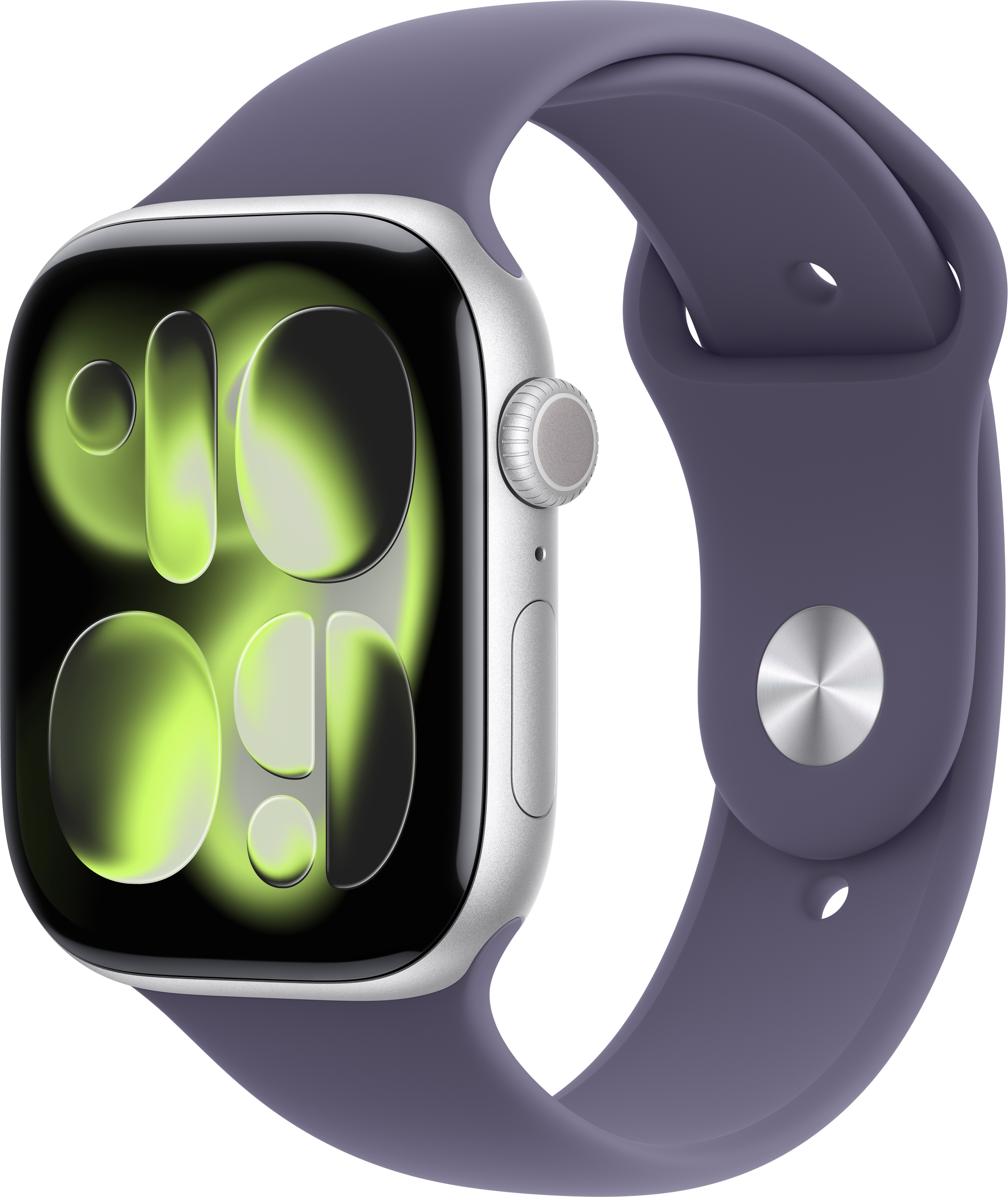 Une Apple Watch argentée avec un bracelet violet. Le cadran affiche l'heure avec des dégradés verts et noirs.
