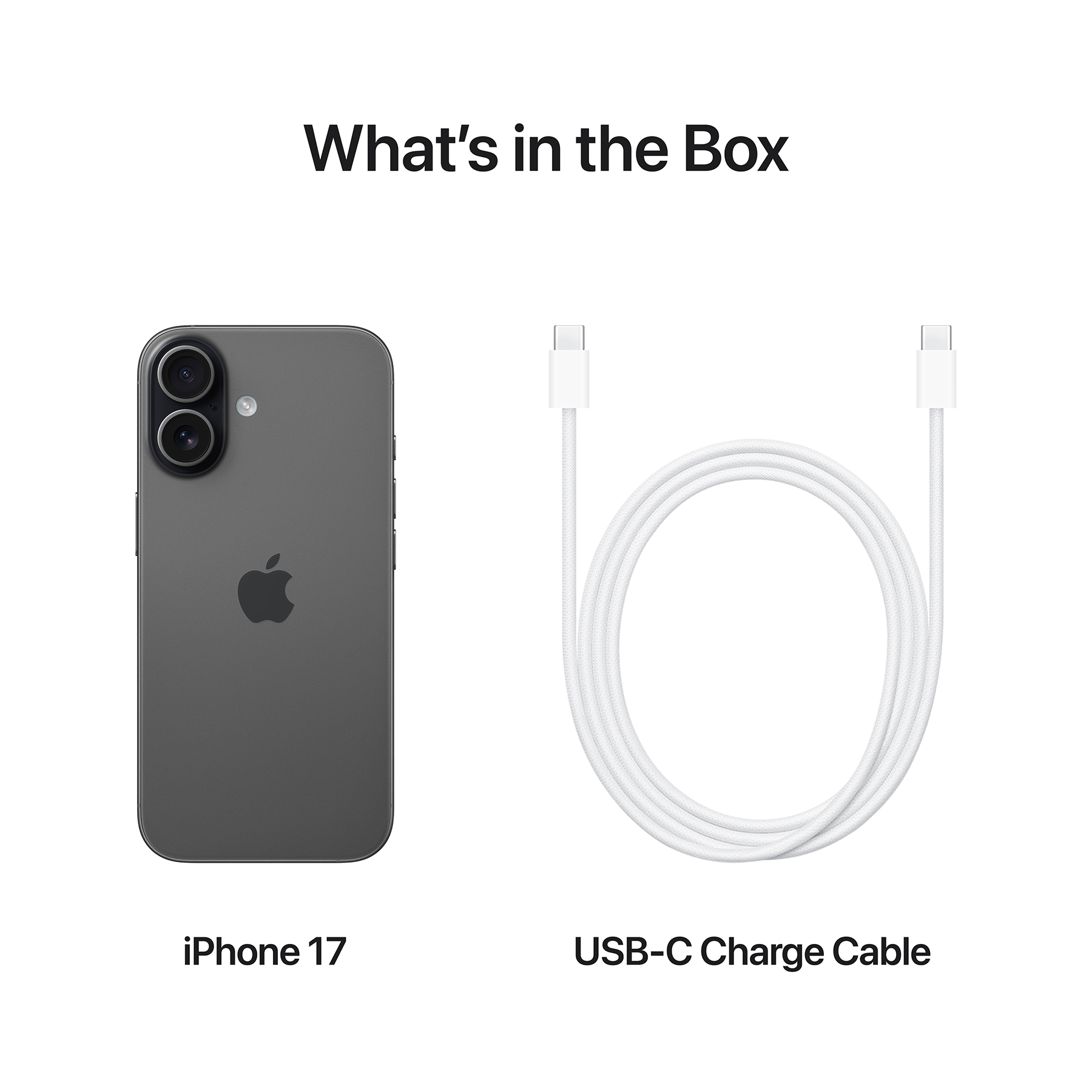 A képen egy iPhone 17 és egy USB-C kábel látható. A telefon szürke, a kábel fehér, a háttér fehér.