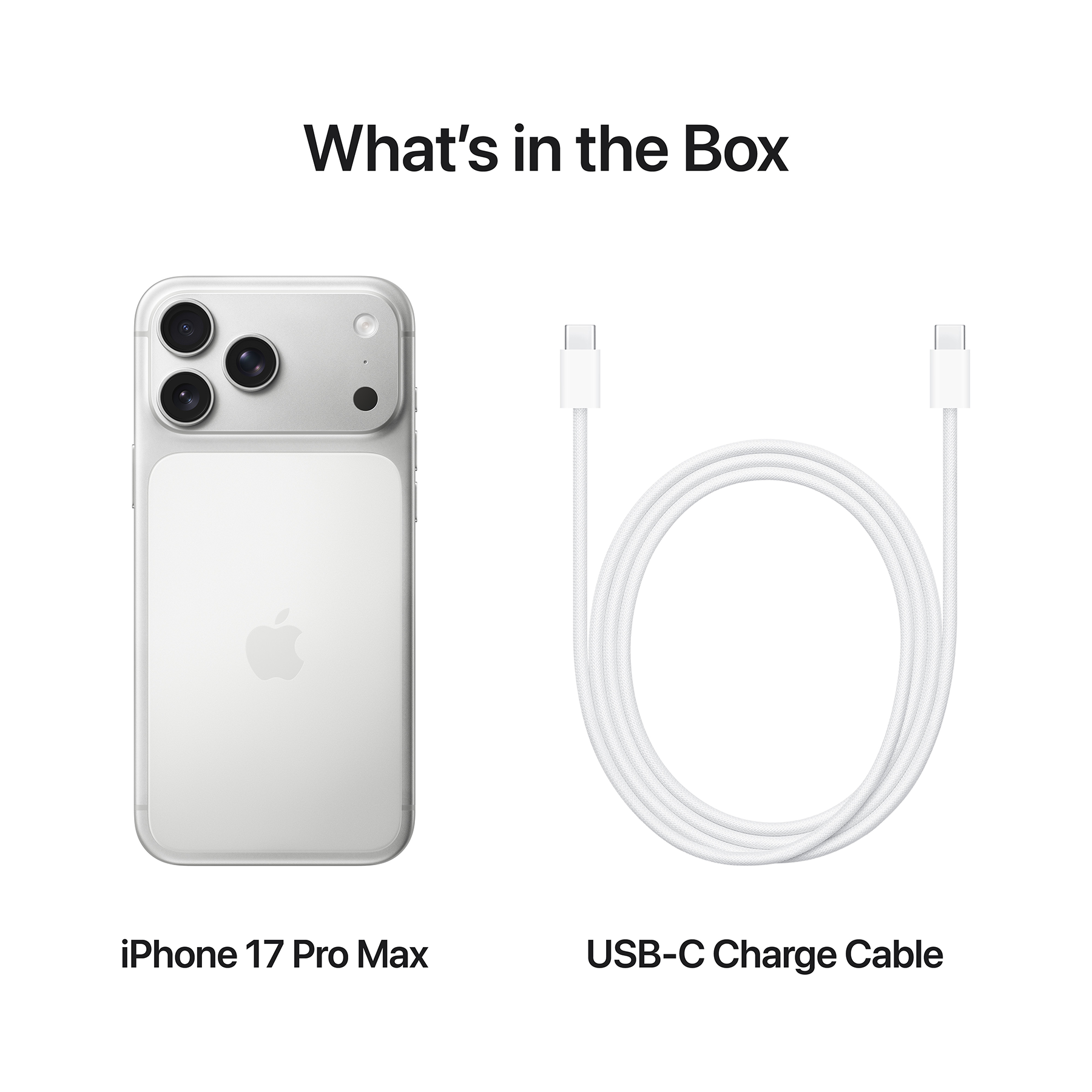 Fehér iPhone 17 Pro Max és USB-C kábel fehér háttéren. A telefon ezüst kameraterülettel rendelkezik. A kábel fel van tekerve.