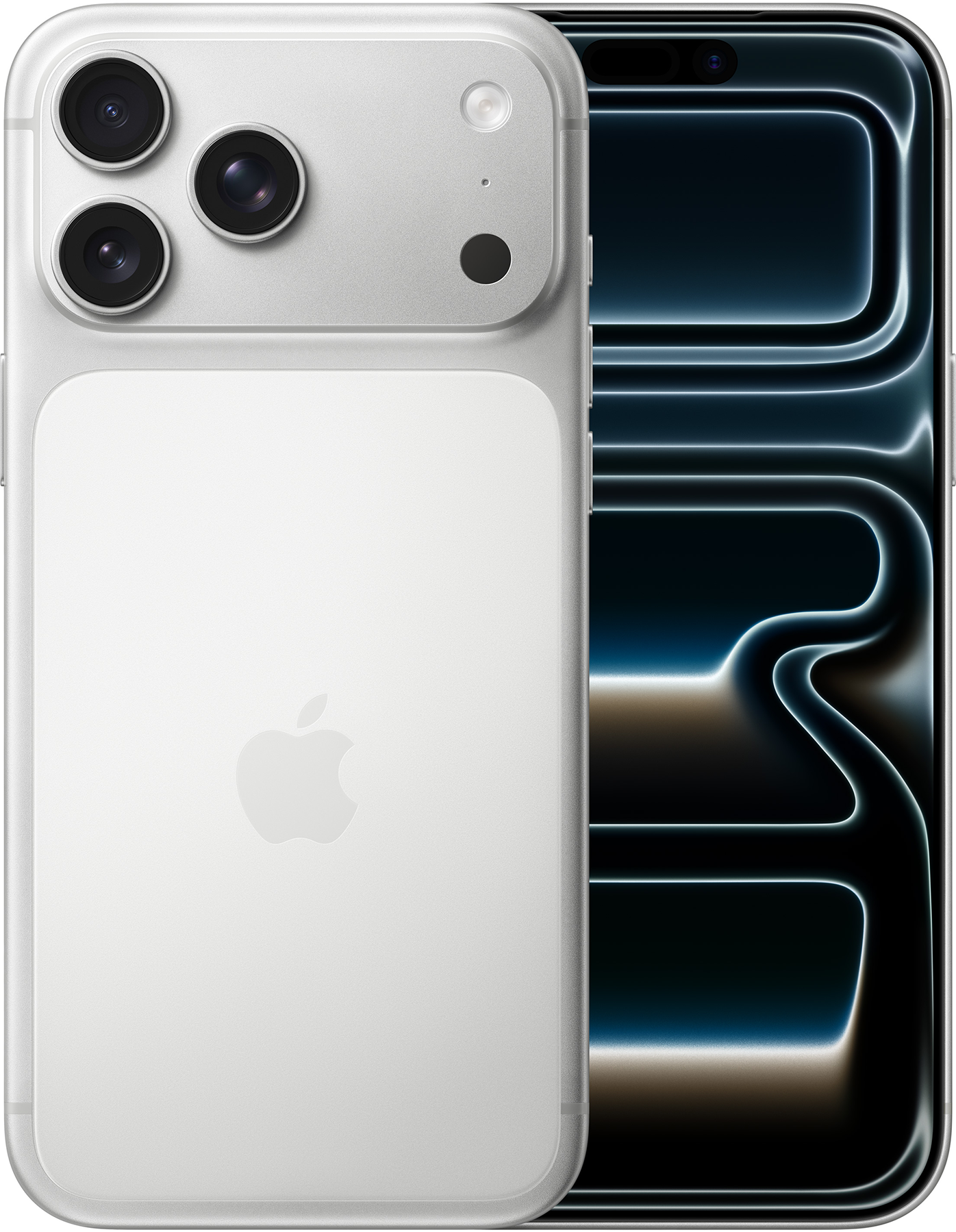 Egy ezüst iPhone, hátul három objektívvel. A képernyő sötét, világító vonalak. Látható az Apple logója.