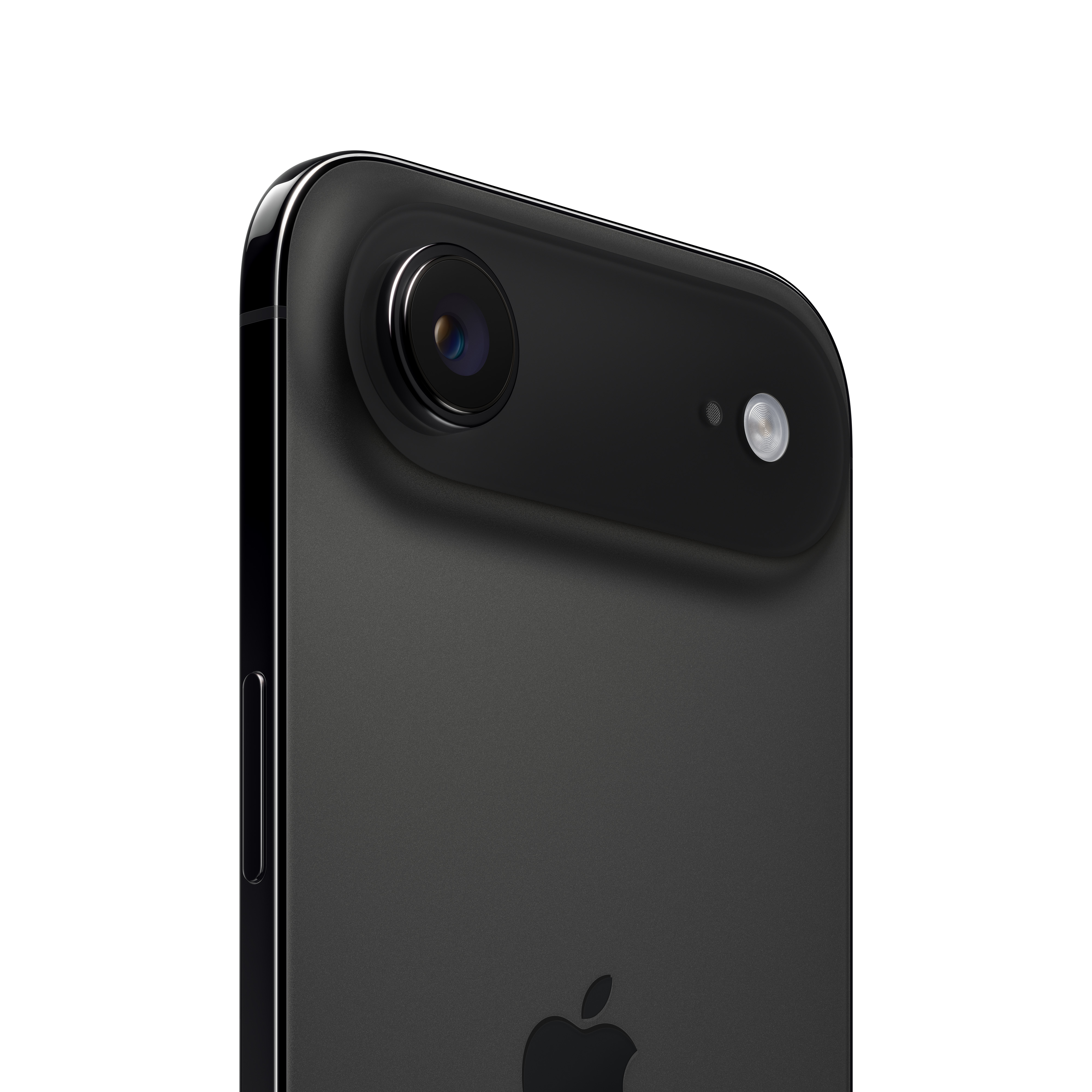 Egy fekete iPhone SE közeli képe. Látható a kamera, a vaku és az Apple logója matt fekete felületen.
