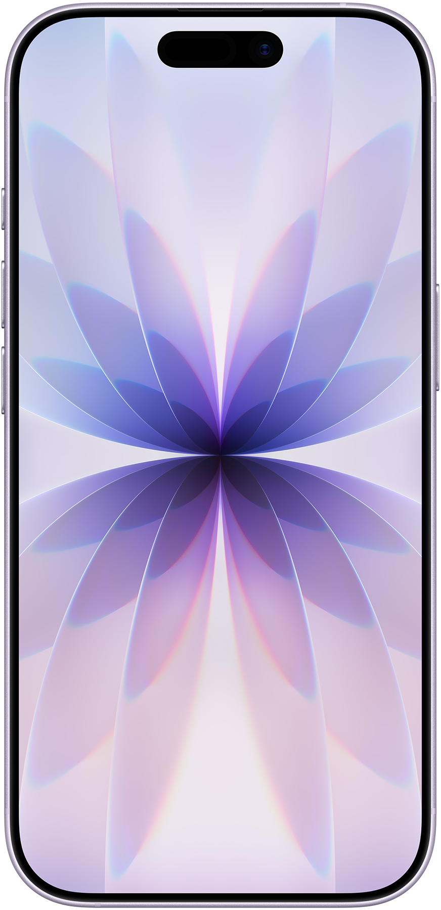 Egy okostelefon lila virágmintát jelenít meg a képernyőjén. A telefon tetején fekete kamera található.