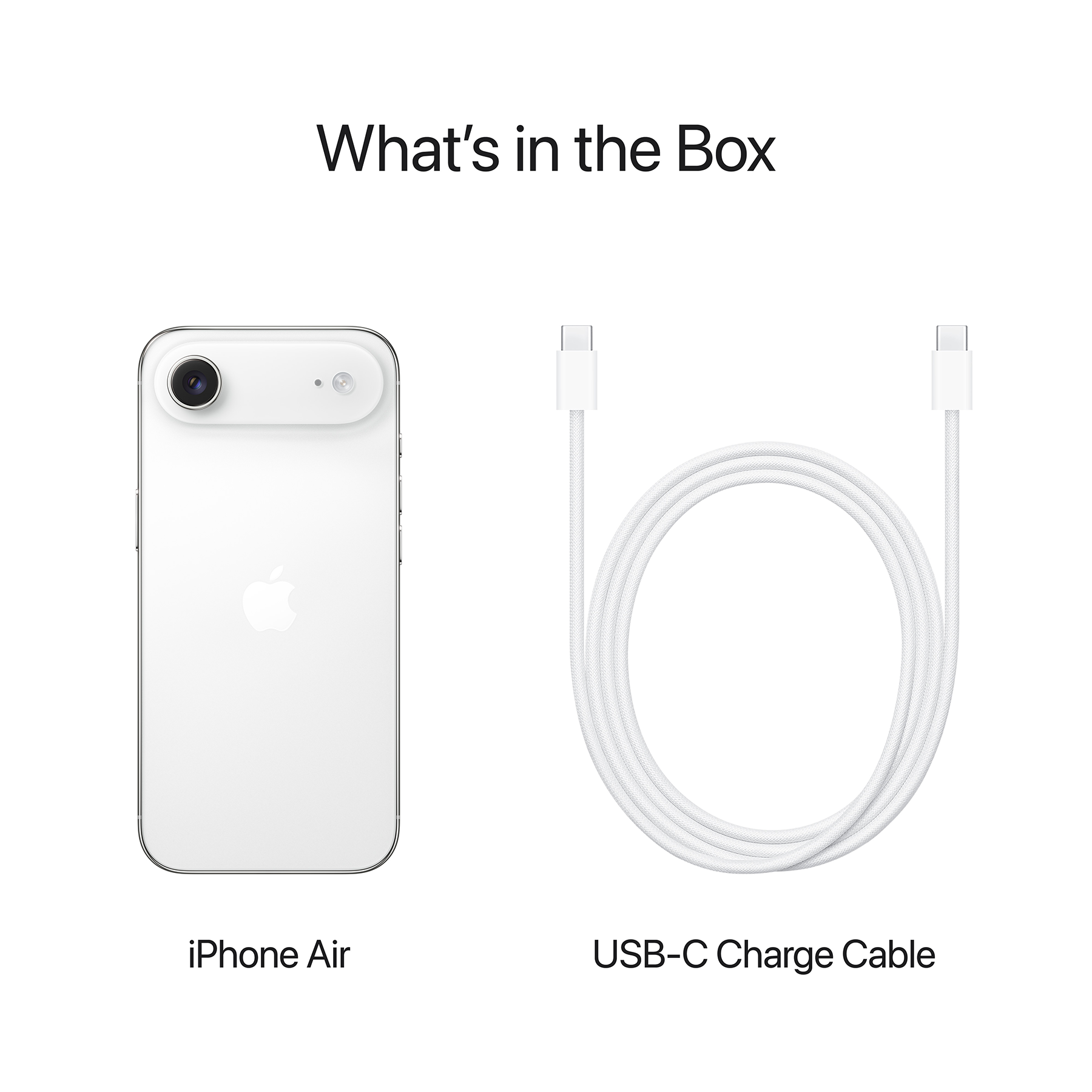 A képen egy iPhone Air és egy fehér USB-C töltőkábel látható fehér háttérrel. A szöveg a következőt mondja: 'Mi van a dobozban'.