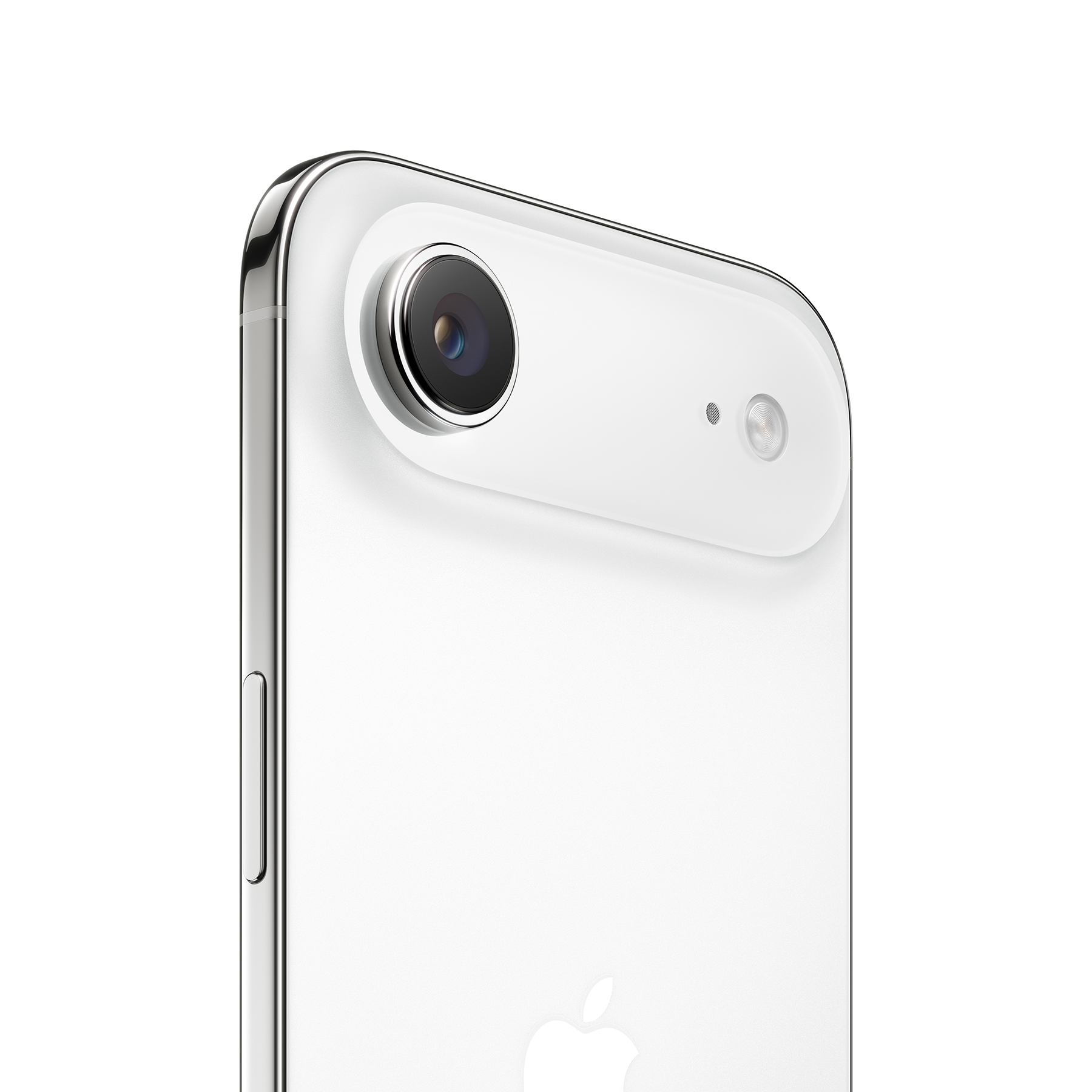 Fehér okostelefon közelről. Jellemzői: kamera lencséje, vaku és oldalsó gomb. Apple logó látható.