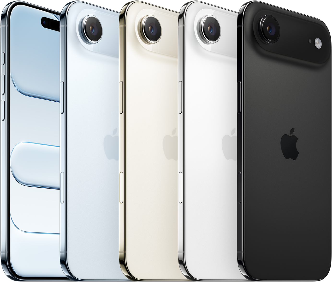 Öt különböző színű okostelefon. Balról: kék, ezüst, arany, fehér és fekete. Mindegyik kamera és Apple logóval.