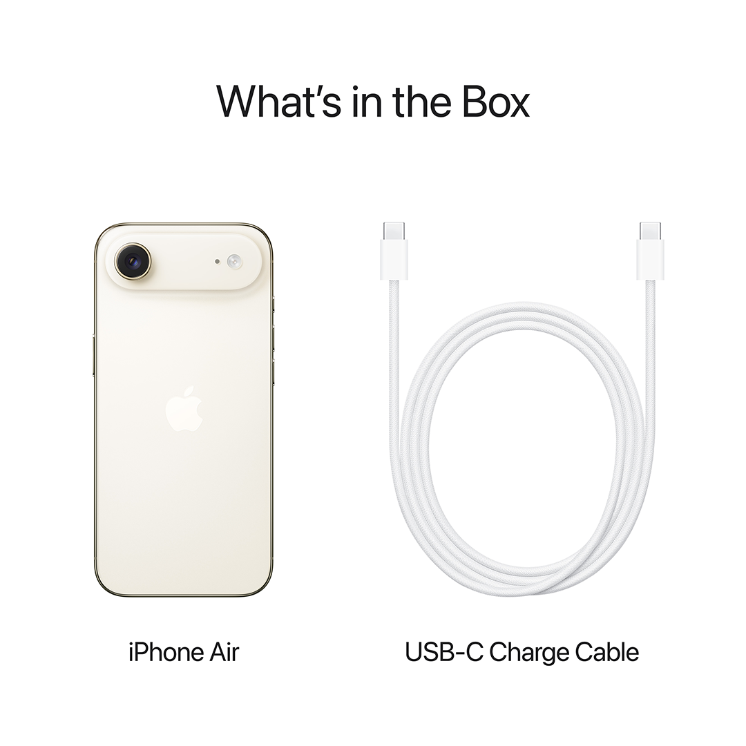 A képen egy iPhone Air és egy fehér USB-C töltőkábel látható. A telefon bézs színű, az Apple logóval. A szöveg azt írja: 'Mi van a dobozban'.