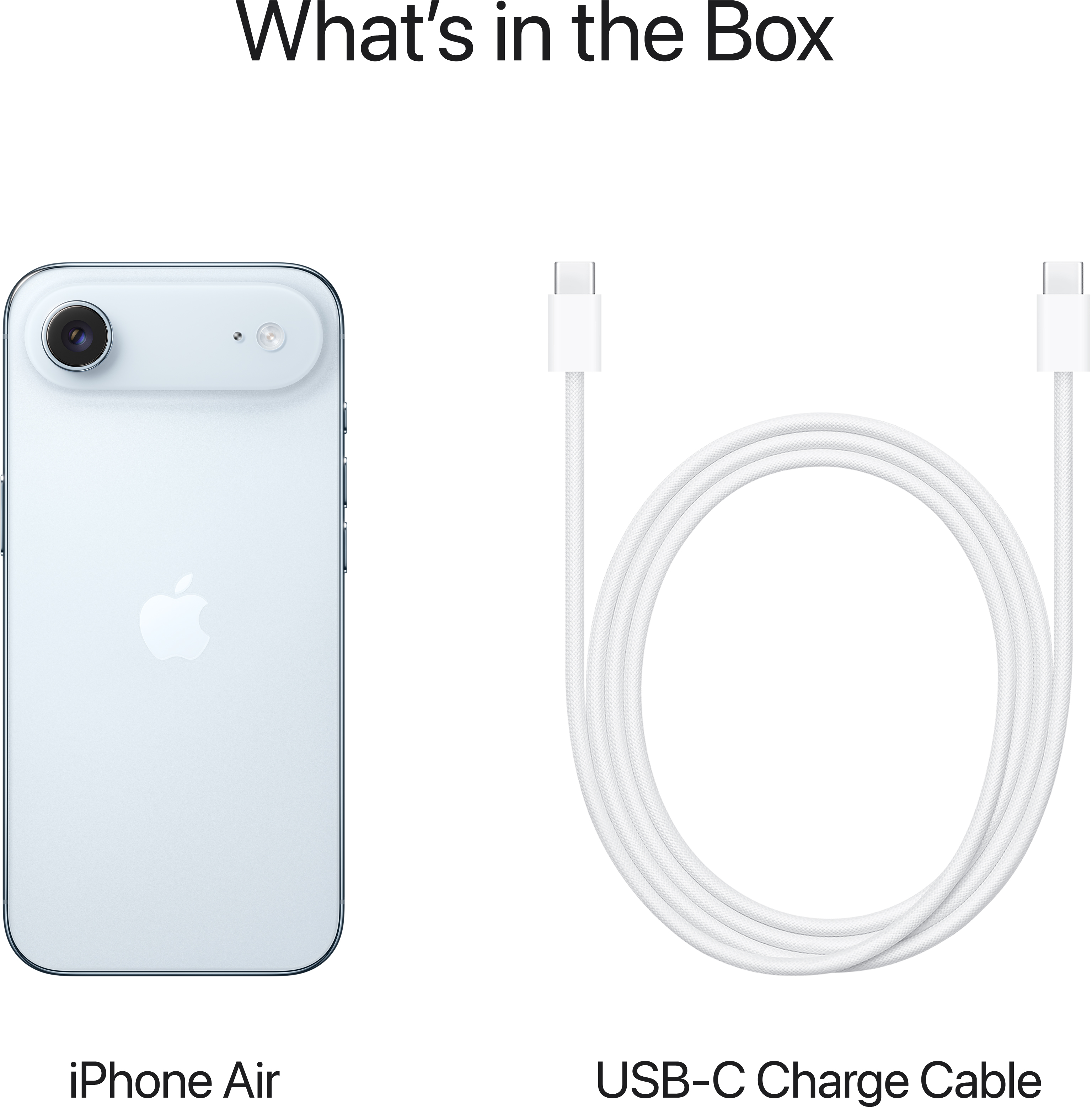 A képen egy iPhone Air és egy USB-C töltőkábel látható fehér háttérrel. A szöveg: „Mi van a dobozban?”.