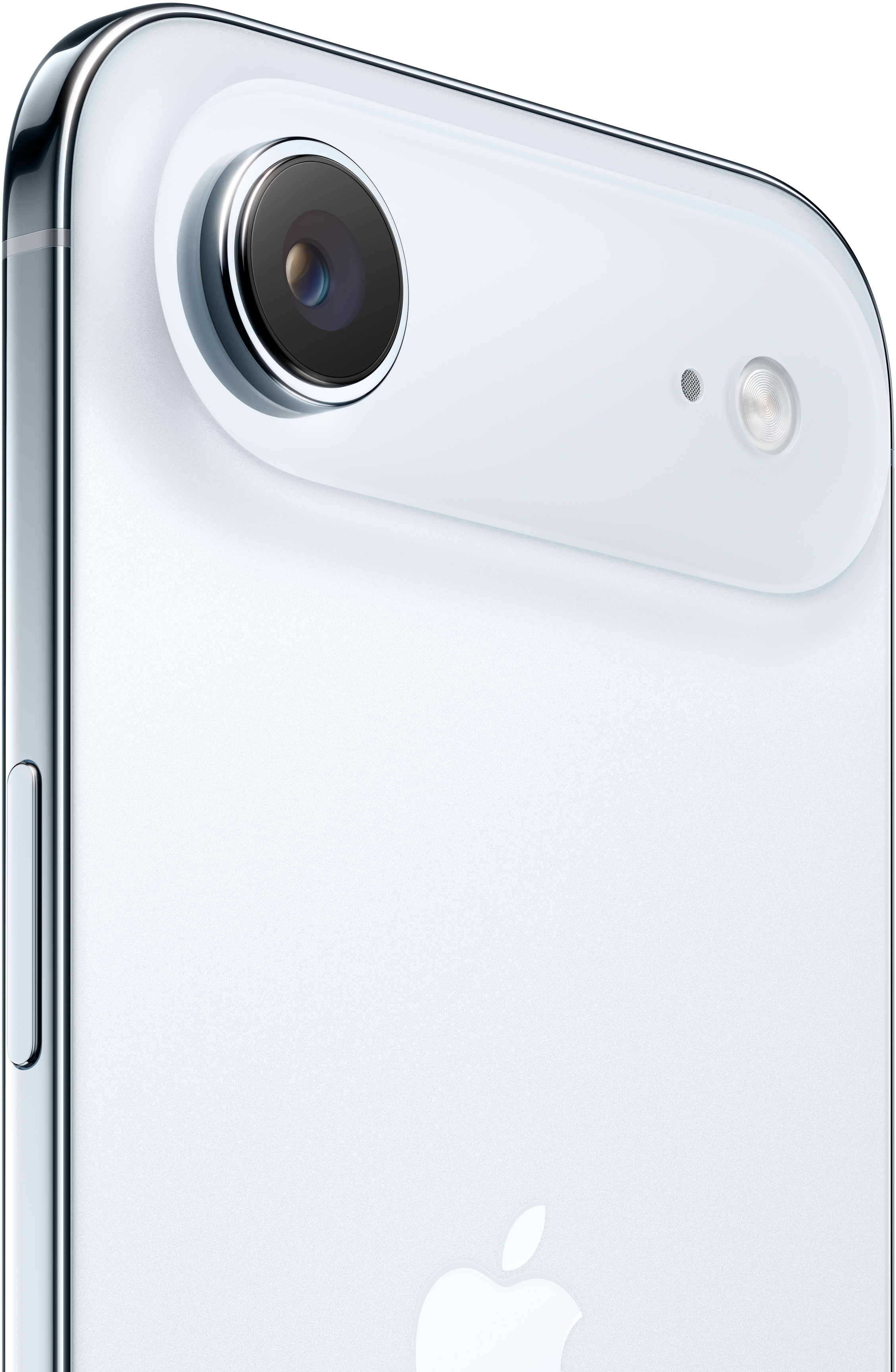 A telefon hátuljának közeli képe. Nagy kamerát, vakut és fehér felületet mutat Apple logóval.