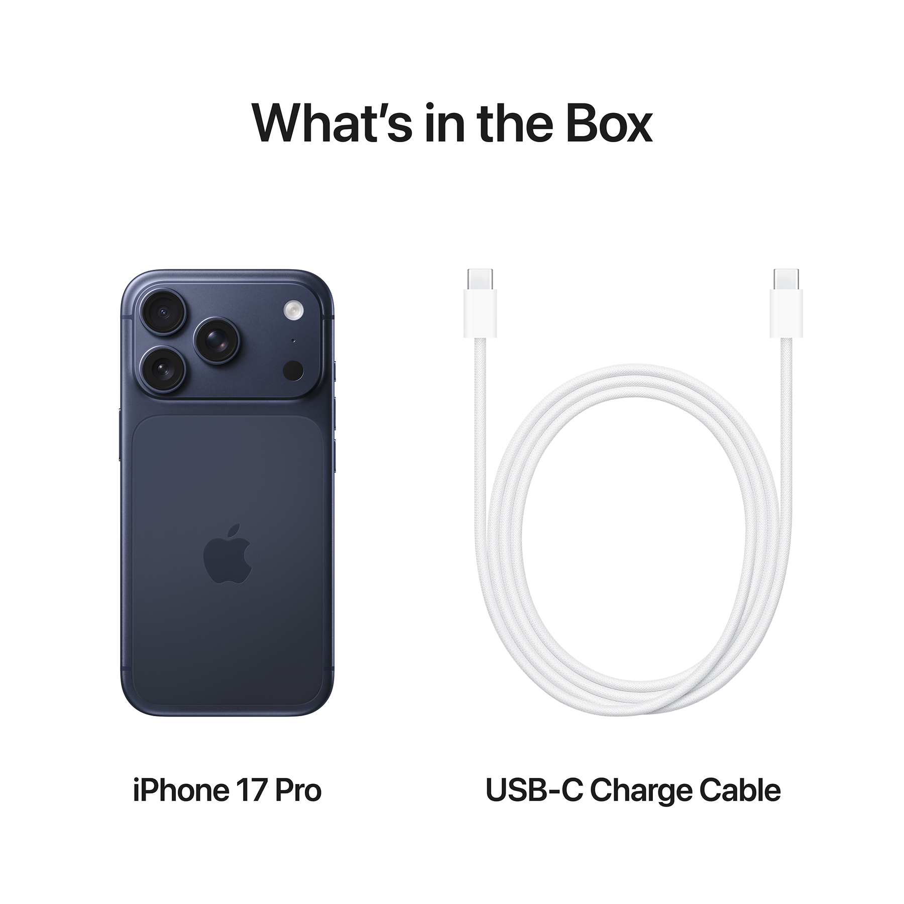 A képen egy iPhone 17 Pro és egy USB-C töltőkábel látható. A telefon kék, a kábel fehér.