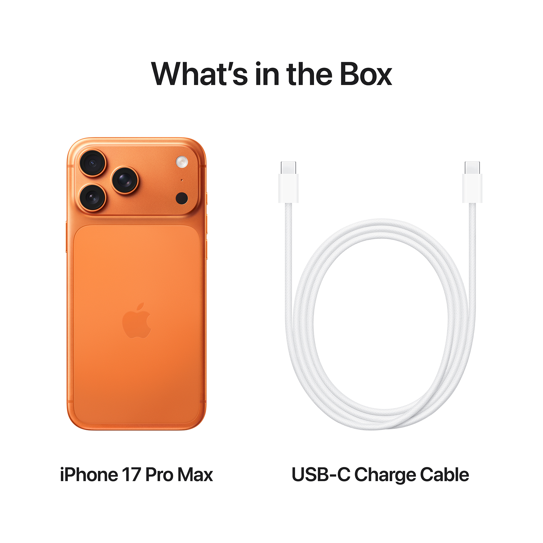 Narancssárga iPhone 17 Pro Max 3 kamerával és fehér USB-C töltőkábellel, fehér háttérrel, 'Mi van a dobozban' felirattal.
