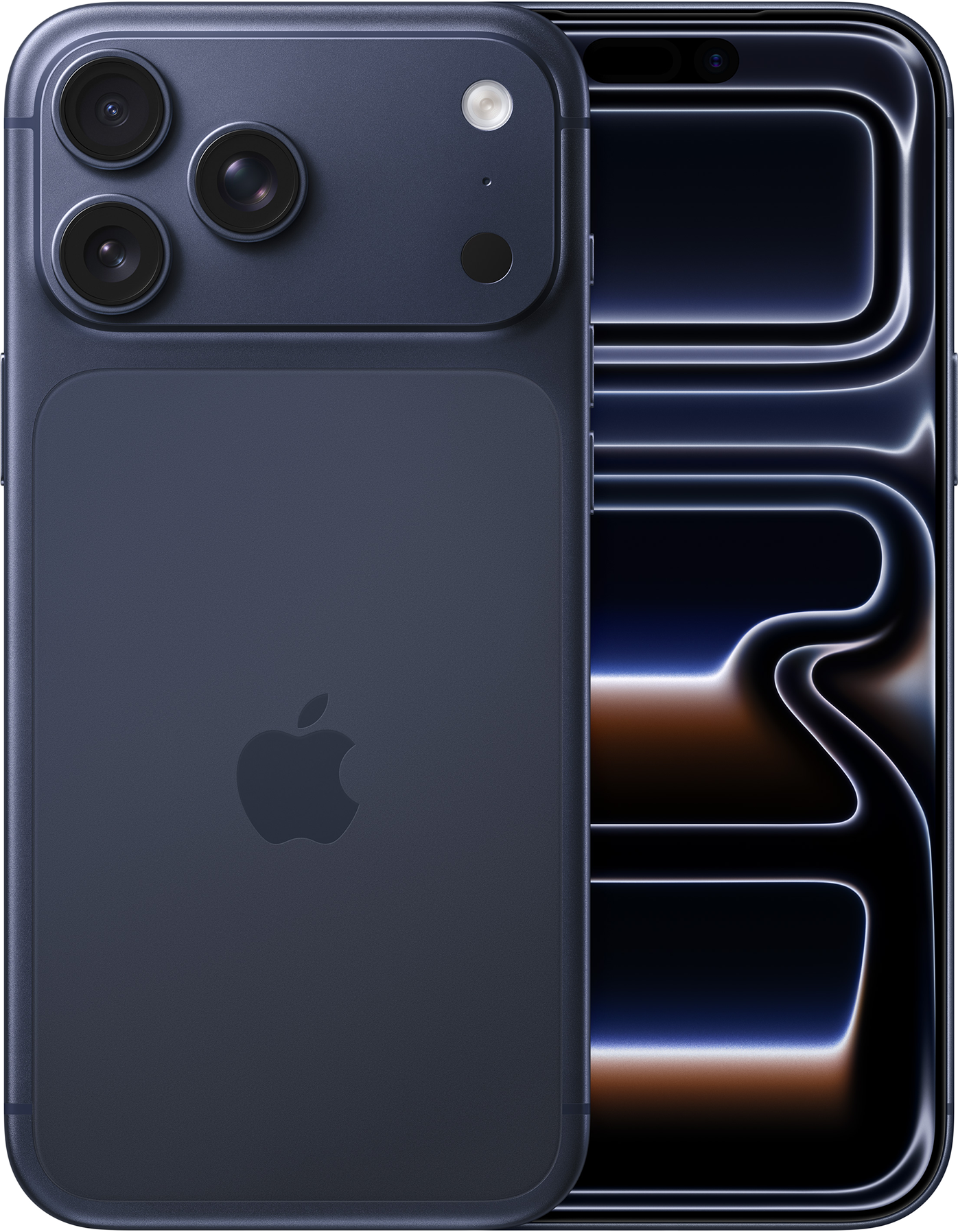 Egy sötétkék iPhone hátulja látható kamerákkal és a képernyővel. Az Apple logó látható. A képernyő fényes dizájnt mutat.