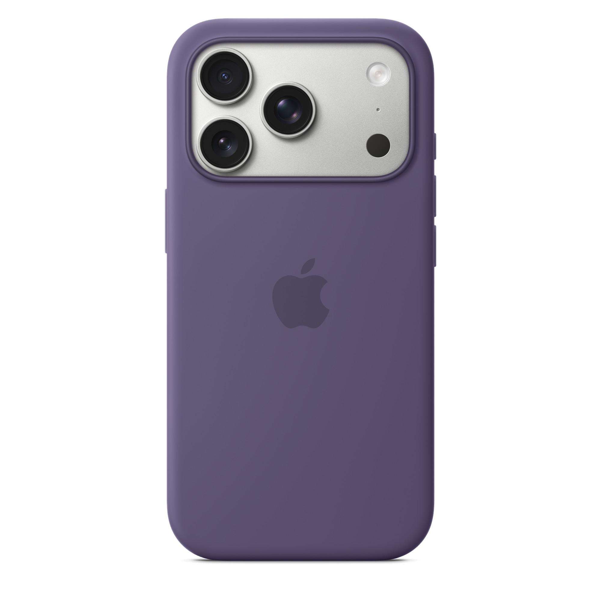 Fioletowe etui na iPhone'a z trzema obiektywami aparatu, lampą błyskową i logo Apple na czarnym tle.