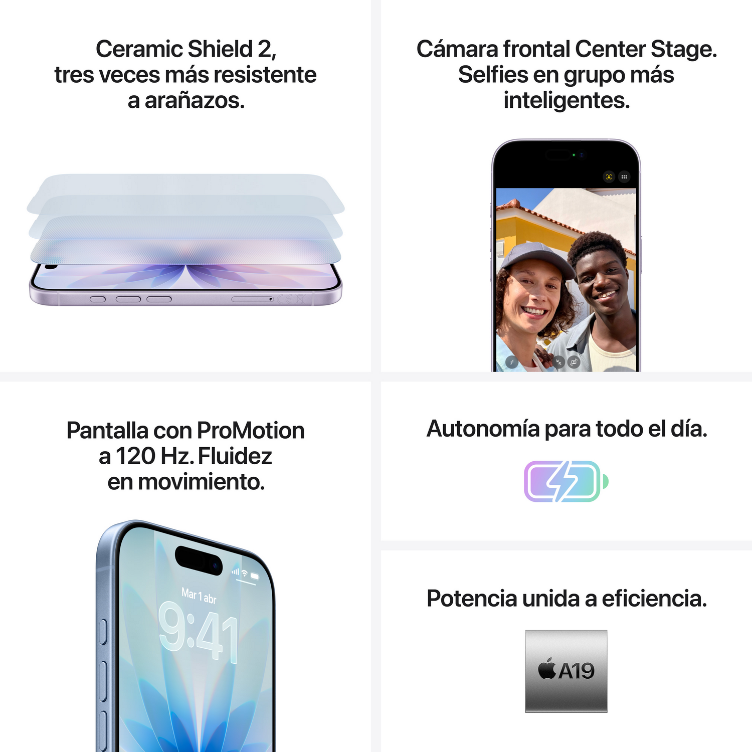 La imagen presenta un teléfono con características como Ceramic Shield, cámara Center Stage, pantalla ProMotion, batería y chip A19.