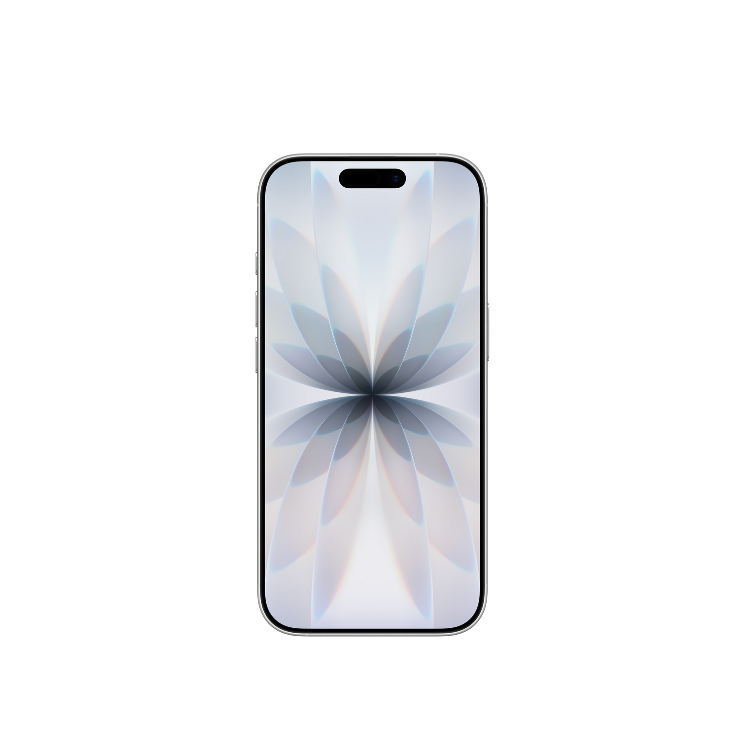 Un smartphone plateado con una pantalla que muestra un diseño floral abstracto blanco y gris, sobre un fondo blanco.