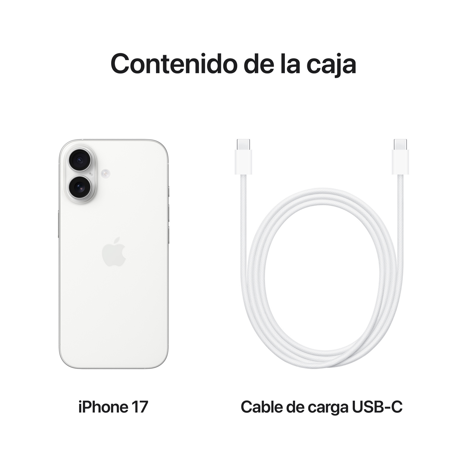 iPhone 17 blanco y cable de carga USB-C. Texto: Contenido de la caja. iPhone 17, Cable de carga USB-C.