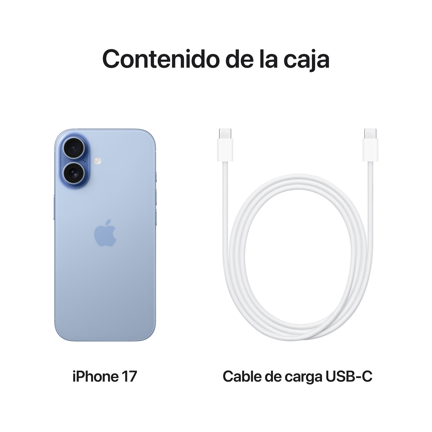 La imagen muestra un iPhone 17 y un cable de carga USB-C blanco. El teléfono es azul claro con el logo de Apple. Texto: 'Contenido de la caja'.
