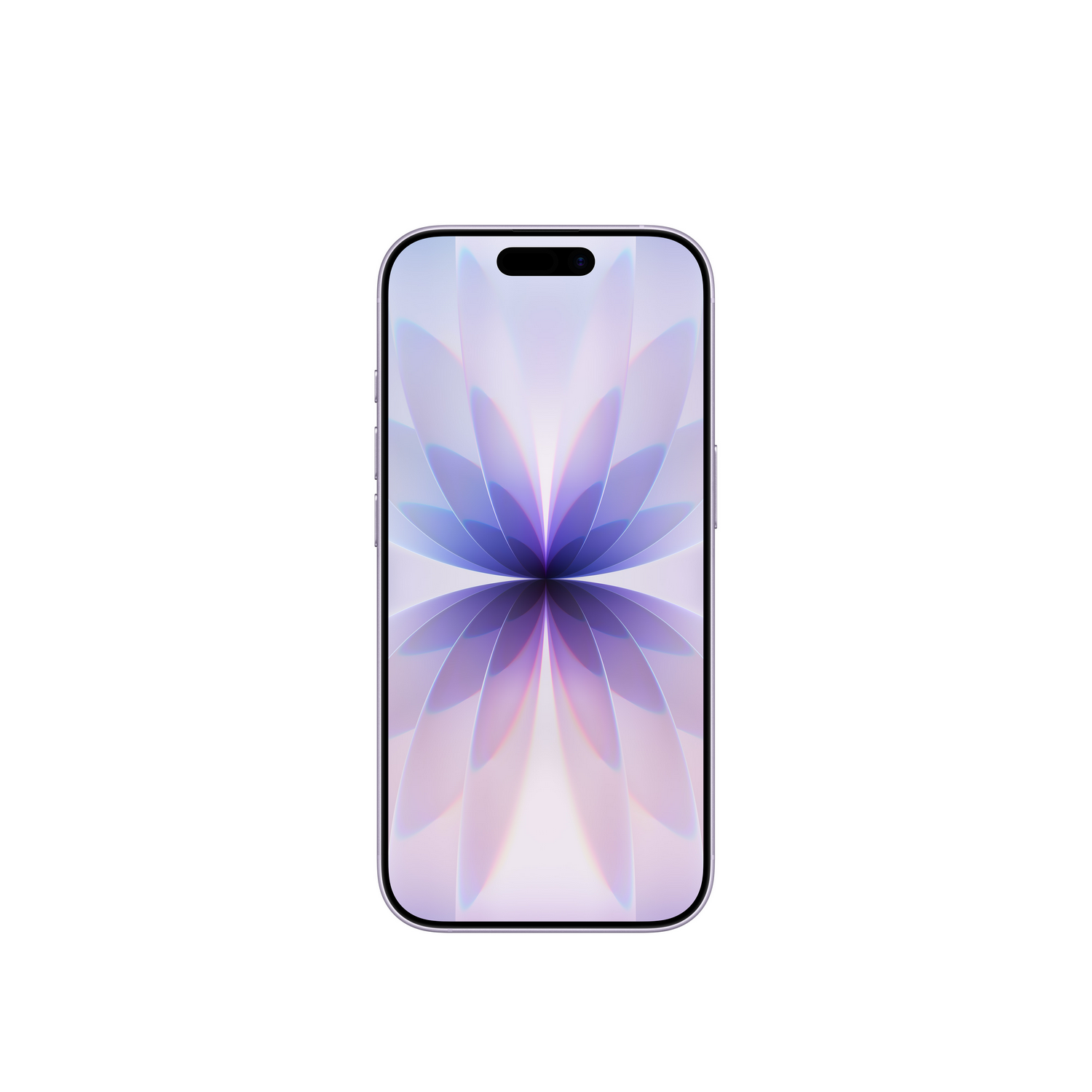 Un smartphone con un diseño floral en la pantalla. La pantalla muestra un patrón de flores moradas y blancas sobre un fondo blanco.
