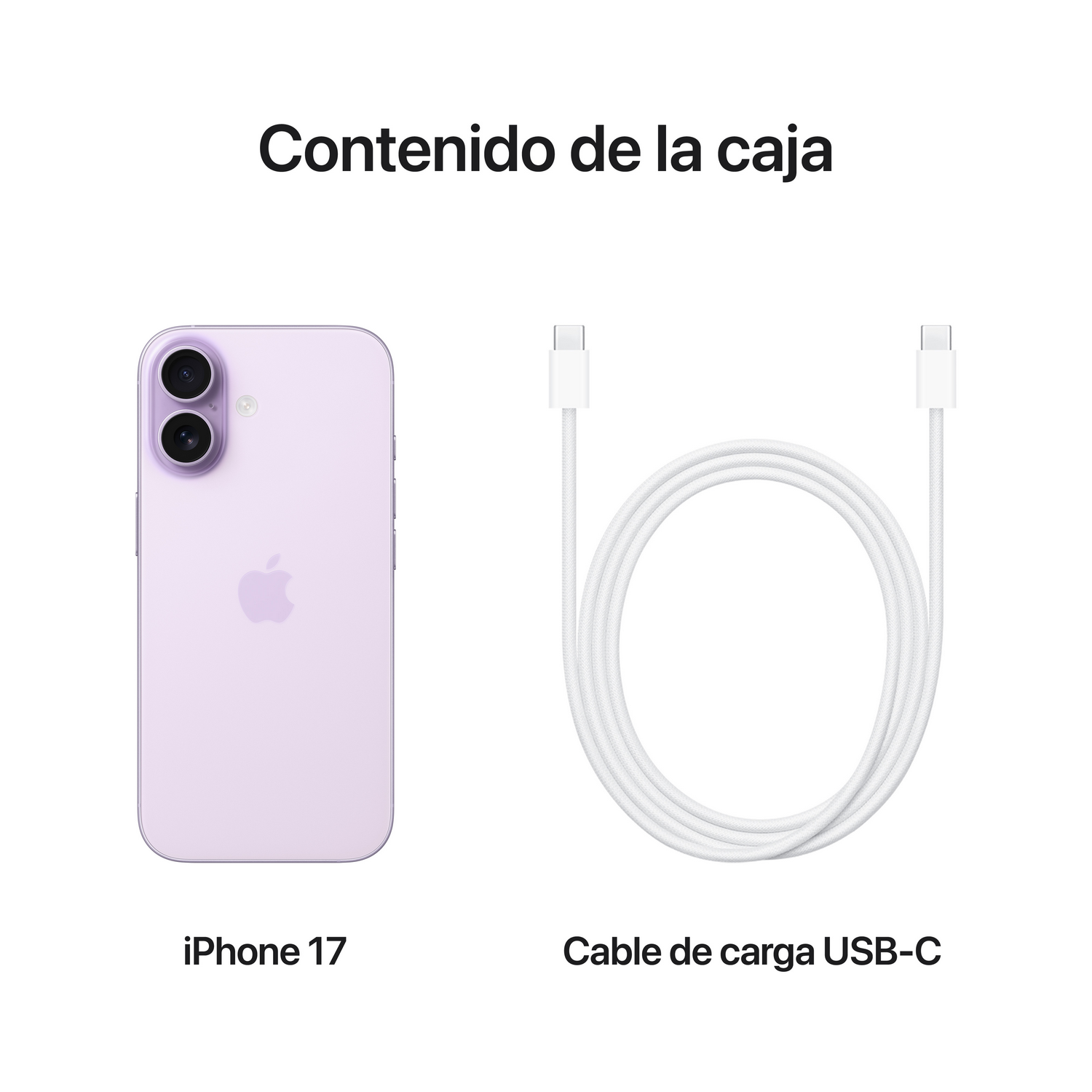 Un iPhone 17 morado y un cable de carga USB-C blanco sobre fondo blanco. El texto dice 'Contenido de la caja'.