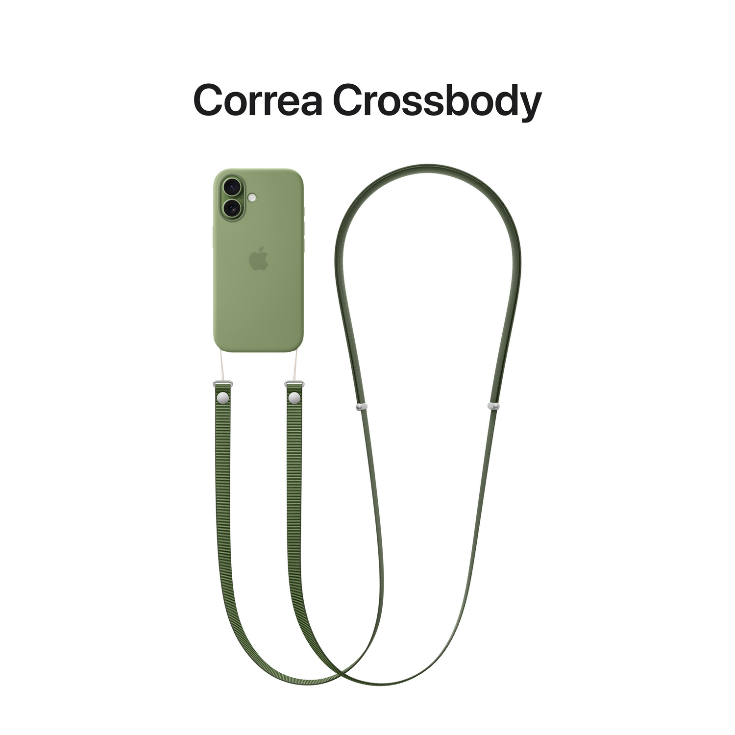 Una funda de teléfono verde oliva con una correa a juego. La funda tiene una cámara y el logotipo de Apple. La correa está conectada por conectores plateados.