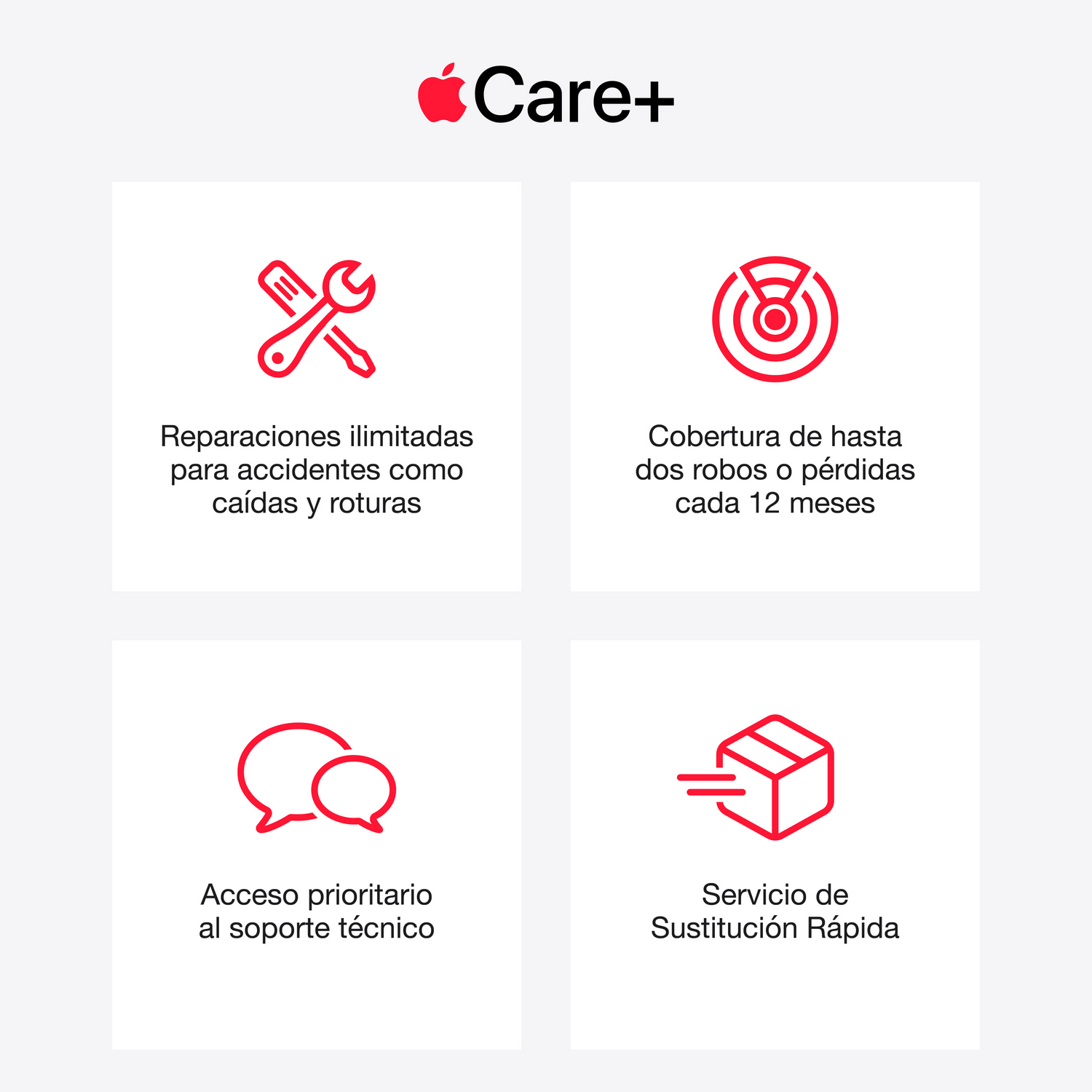 Anuncio de Apple Care+. Iconos y texto rojos sobre fondo blanco. Incluye reparaciones ilimitadas, cobertura por robo/pérdida, soporte técnico y reemplazo rápido.