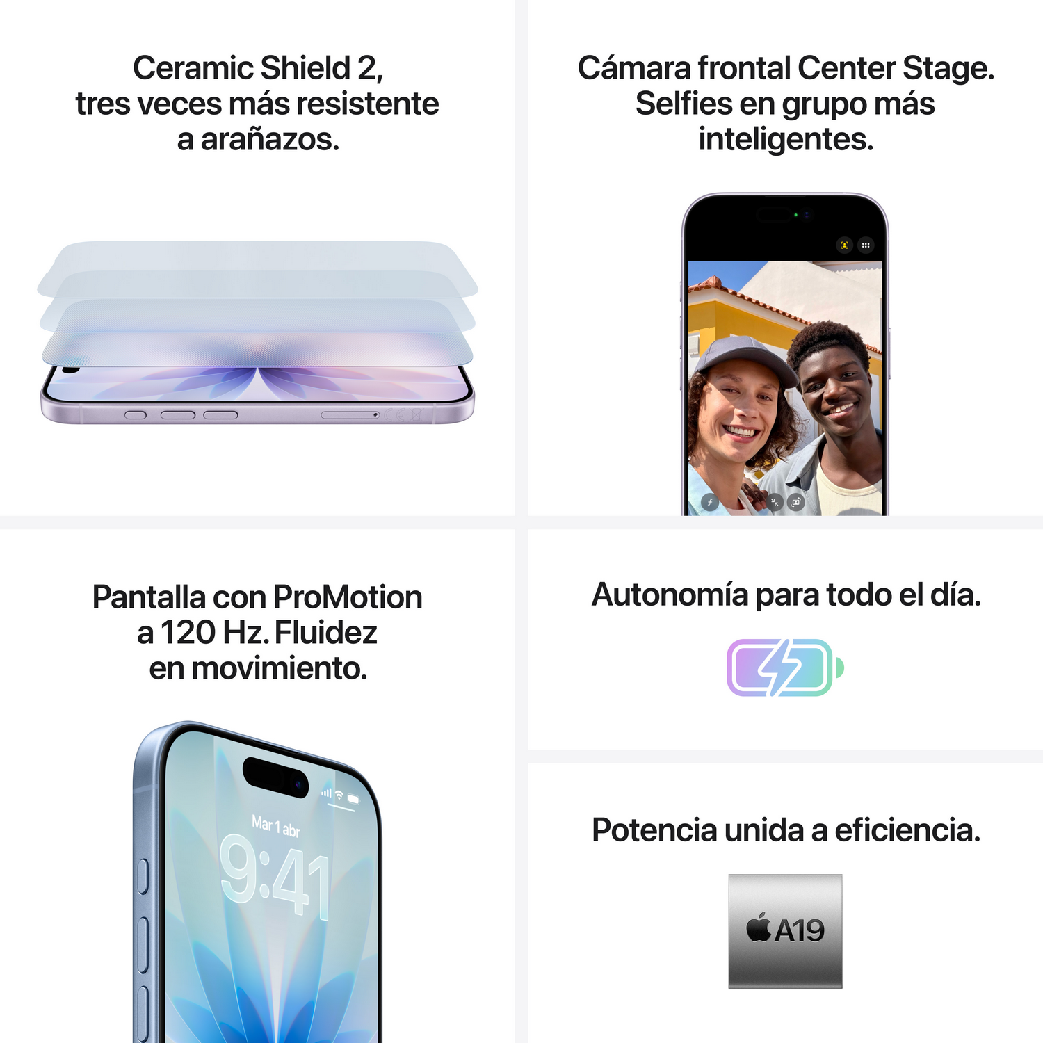 La imagen muestra un teléfono con funciones como Ceramic Shield, cámara Center Stage, pantalla ProMotion, batería de todo el día y chip A19.