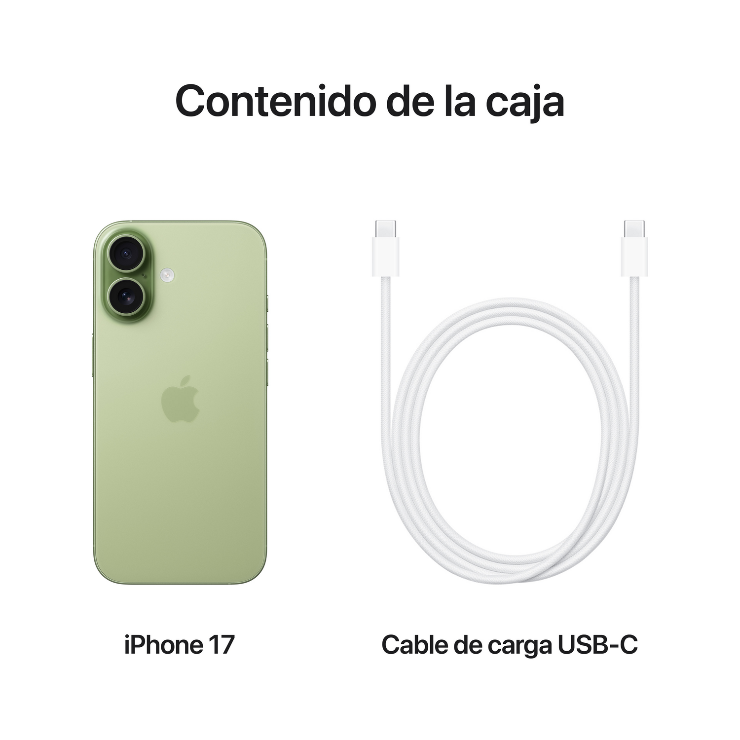 Un iPhone 17 verde y un cable de carga USB-C blanco sobre fondo blanco. El texto dice 'Contenido de la caja'.